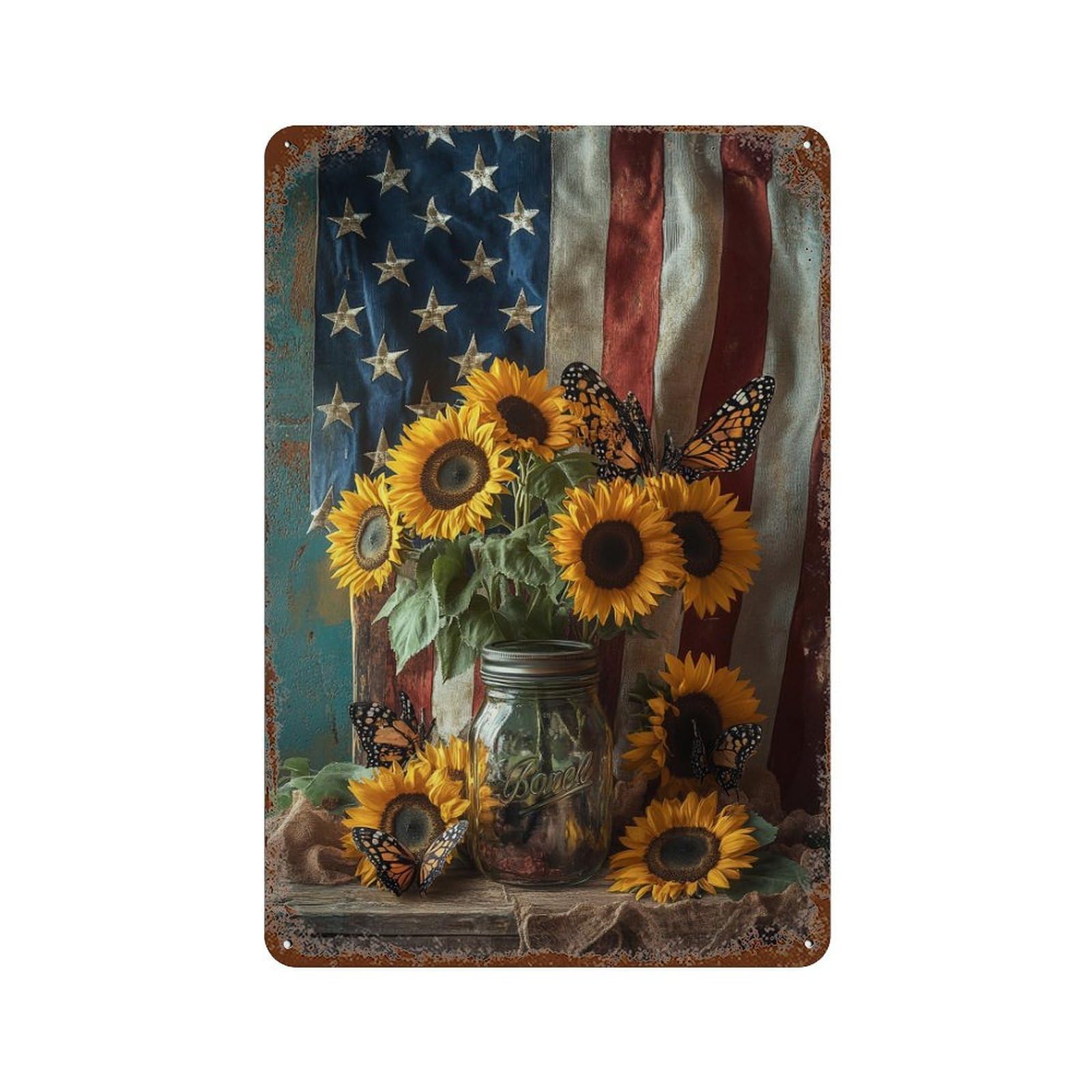 American Flag Sunflower Bouquet-2 Aged Metal Wall Plaque 11.8"x7.9", for Pub, Kitchen And Man Cave Decor, Decorative Metal Wall Art