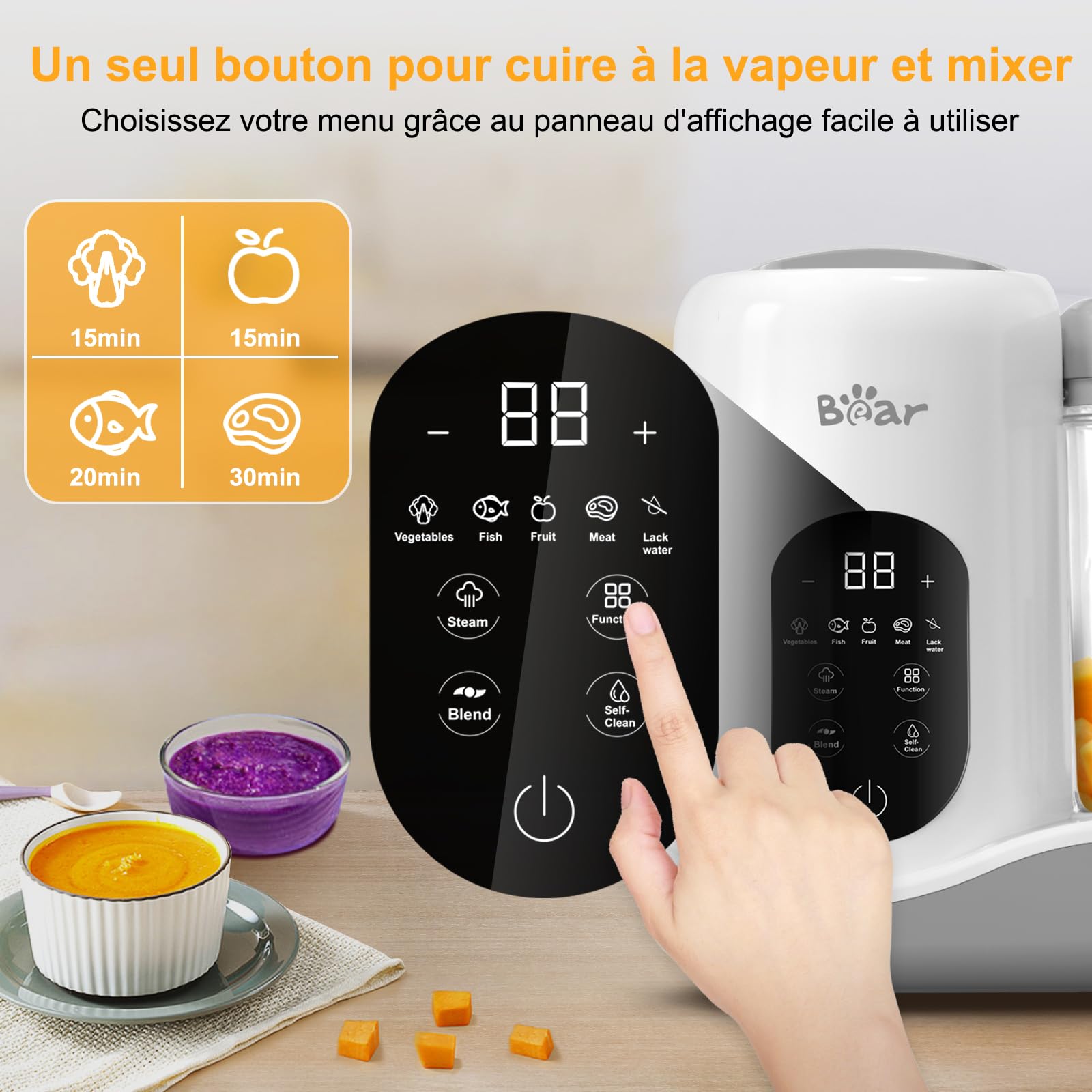 Bear Robot Cuiseur Mixeur pour Bébés,Une étape Cuiseur Mixeur Multifonctions 7-en-1 Maker Mixer, Cuisson automatique & Hachage,Fonction autonettoyante,Blanc