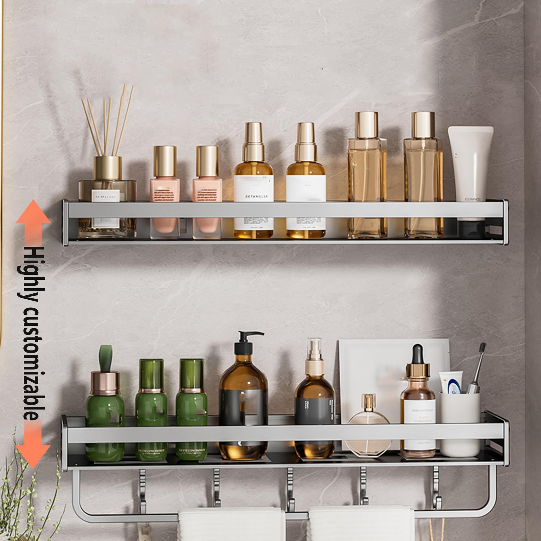 Estantes Ducha Adhesivos Paquete estantes Ducha montados en la Pared sin Perforaciones Organizador baño Gran Capacidad, Estante Almacenamiento Canasta Ducha con Ganchos,Gray c,50CM
