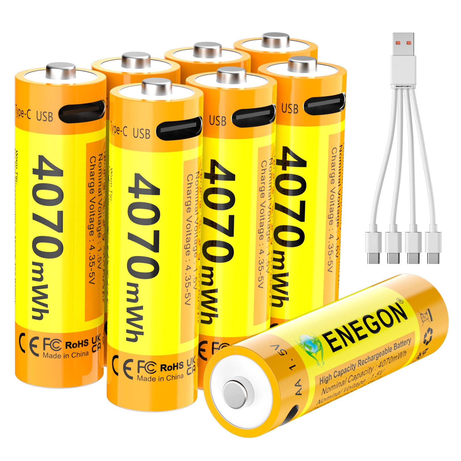 ENEGON Set da 8 batterie Ricaricabili AA Litio USB-C 4070 mWh 1,5V Tensione Costante con Cavo di Ricarica 1-a-4 Prestazioni Elevate per Controller di Gioco, Serrature Intelligenti,Tastiere e Mouse