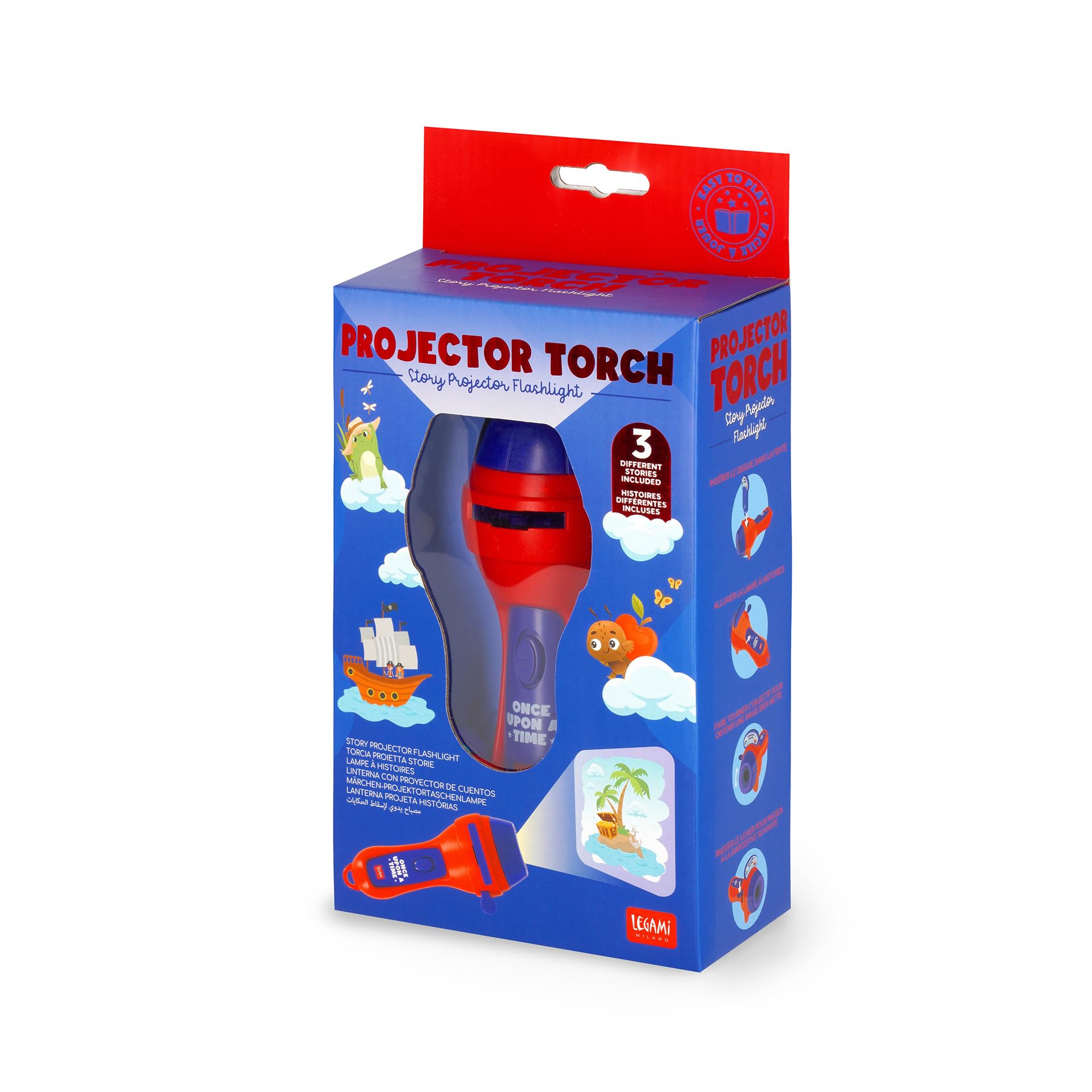 Legami - FLP0004 - Once Upon a Time Red Story Projecteur Lampe de Poche, Projette 3 Contes pour Enfants, 3 Disques de 8 Diapositives Chacun, Piles AAA Non Fournies, 7 x 14.5