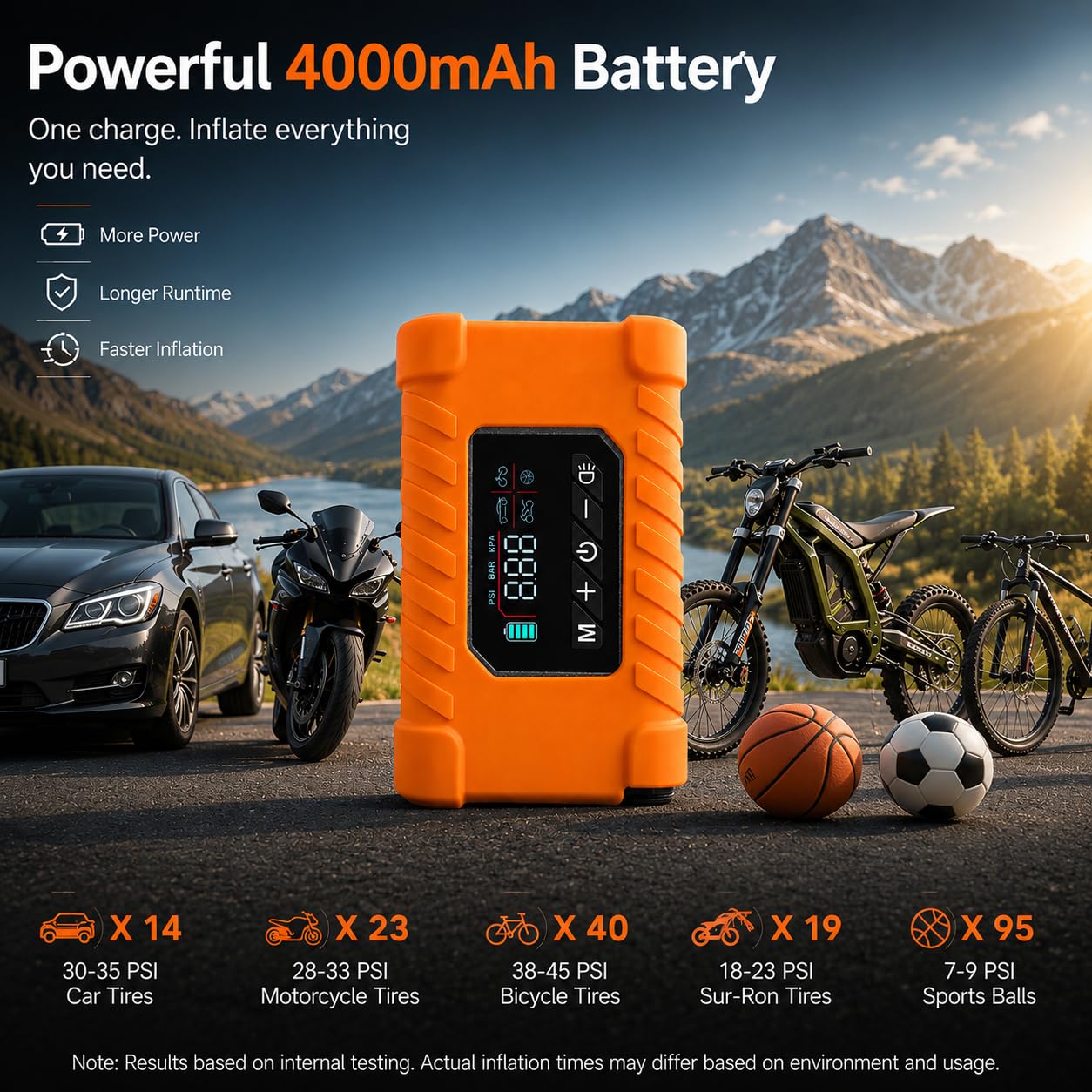 Gonfiatore portatile per pneumatici, senza fili, con manometro digitale, luce LED e spegnimento automatico, pompa elettrica per bici per pneumatici di moto e biciclette, compressore d'aria