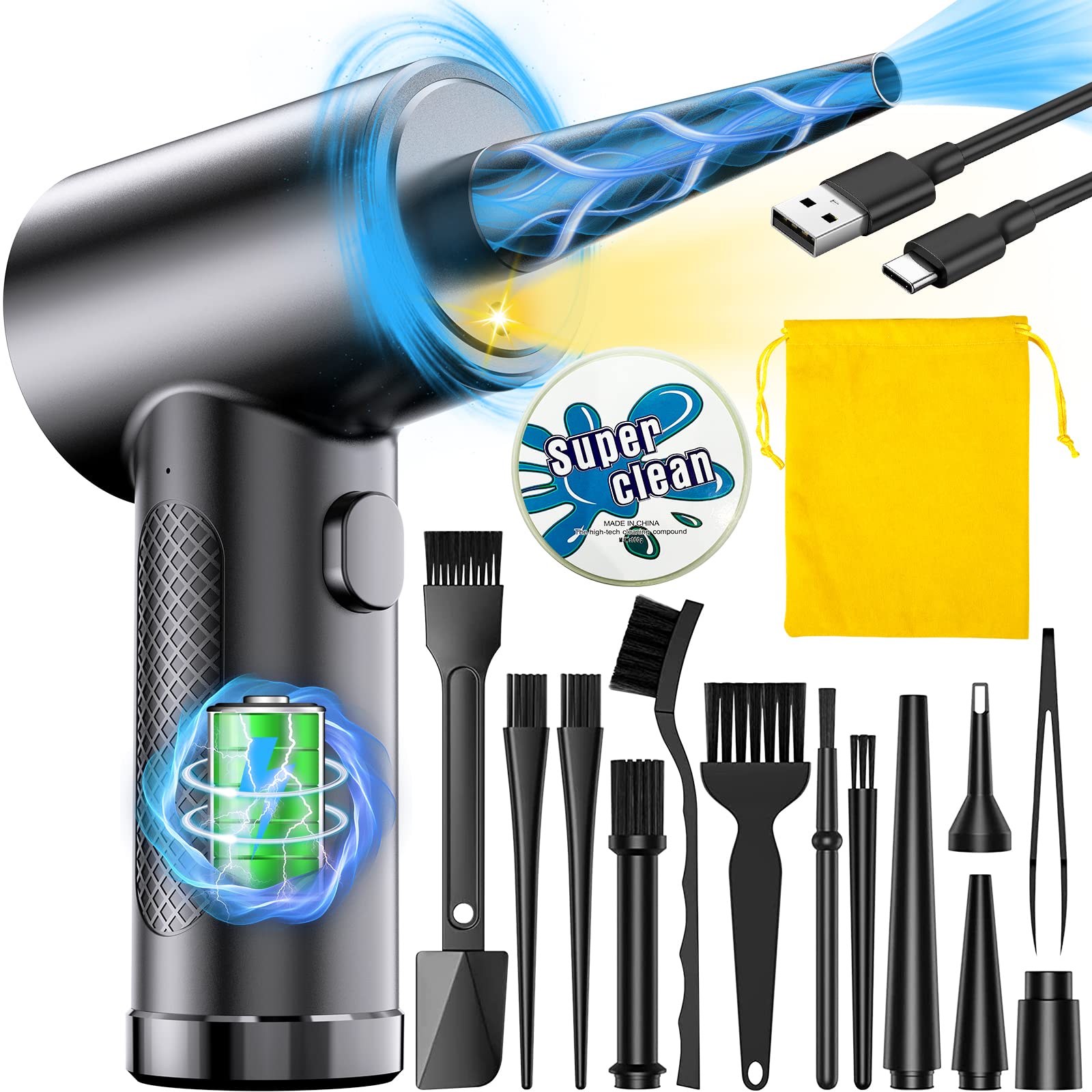 Electric Compressed Air Duster Replaces Compressed Air Cans for Computer Cleaning, 3 stalls with LED lights, 50000 RPM Cordless Air Duster Computer Keyboard, Dust off, Air Conditioning, Inside The Car