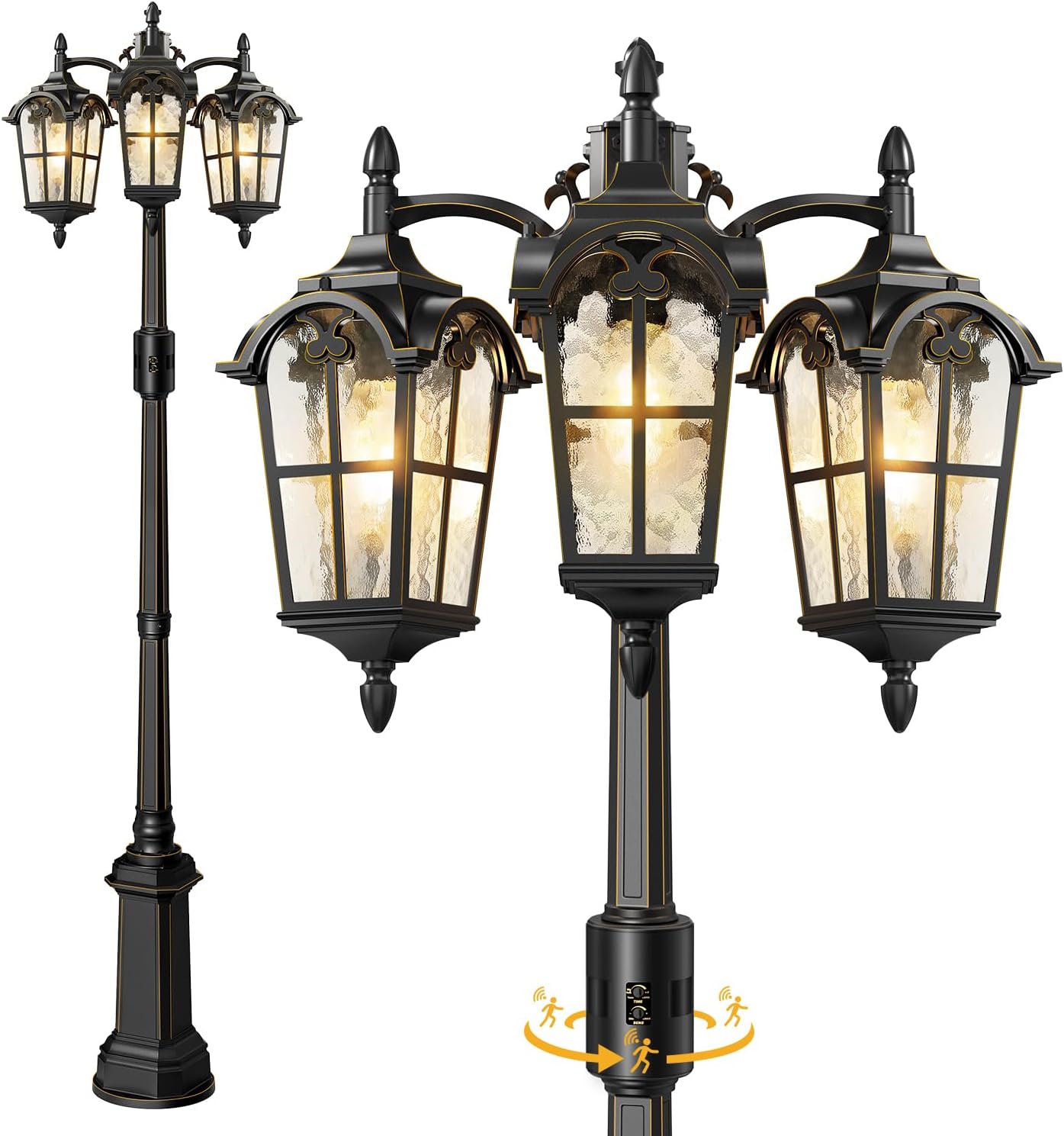 Motion Sensor Outdoor Post Lights, Dusk to Dawn Pole Lights 3-Head, Classic Black 360°Detection Waterproof Anti-Rust Aluminum Street Lighting for Yard Backyard Patio Driveway