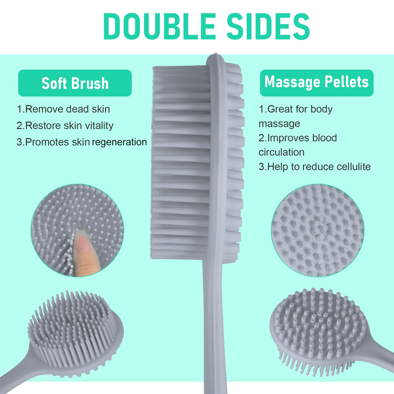 KXF Silicone Back Scrubber 37.5cm Long Handle Double-Sided Shower Body Brush Body Scrubber Bath Wash Brush with Soft Lathering Bristles and Stiff Massage Nodes Gentle Exfoliating Showering Exfoliator - Image 3