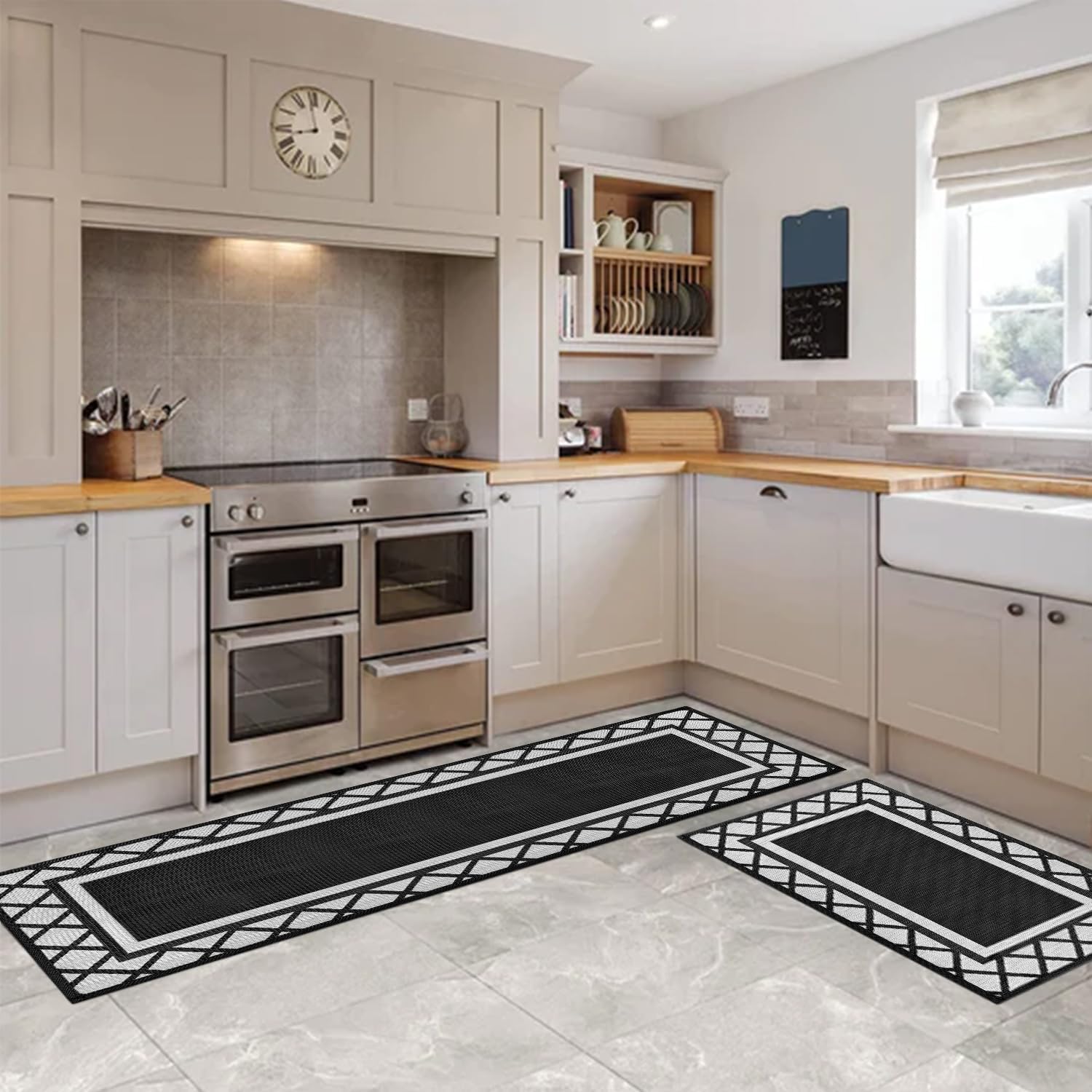 Artoid Mode Diamond Plaid Washable Absorbent Kitchen Mats Set of 2, Kitchen Rugs for Floor Hallway Laundry Room Front of Sink Black - 17x29 and 17x47 Inch