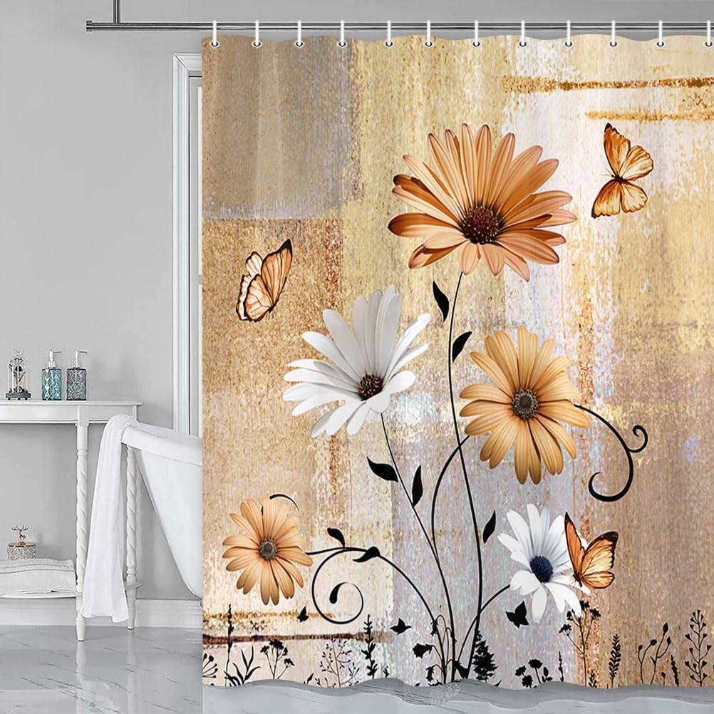 Rustic Floral Shower Curtain for Bathroom, Daisy Flowers Butterfly Vintage Blue Farm Style Shower Curtain Set, Polyester Fabric Farmhouse Bathroom Curtain Set with Hooks
