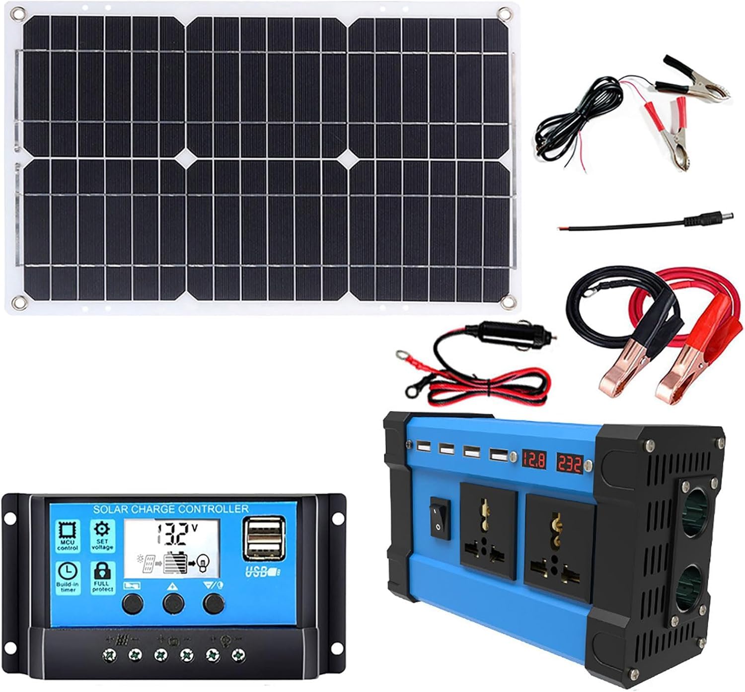 Kit Completo di Energia Solare 6000w Inverter 18w 18v Pannello con Doppio Regolatore di Tensione - 4 Porte USB E Display A LED, One Color, 110V