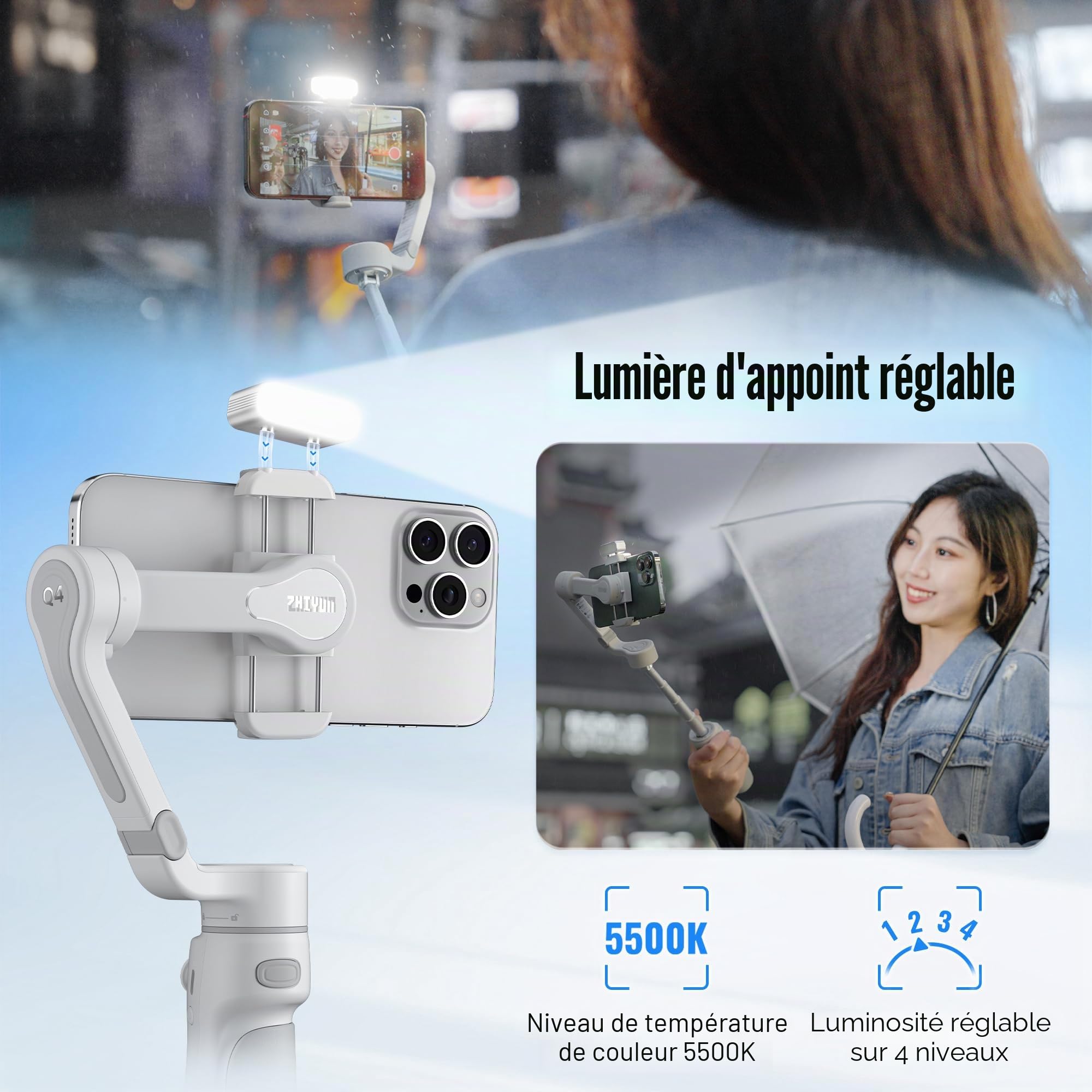 ZHIYUN Smooth Q4 Combo [Official] Stabilisateur Smartphone 3 Axes avec Perche Telescopique, Telephone Gimbal pour iPhone et Android avec Trepied, Sac, Lumiere Magnétique