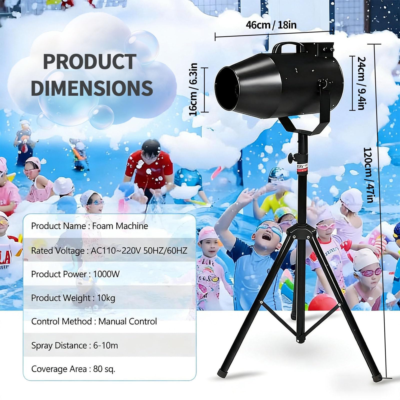 Bühneneffekt Jet Schaummaschine, Party-Schaumkanone Mit Stativständer, Einstellbarer Winkel, 6–10 m Entfernung/80 m² Fläche, für Outdoor Partys & Pool Events