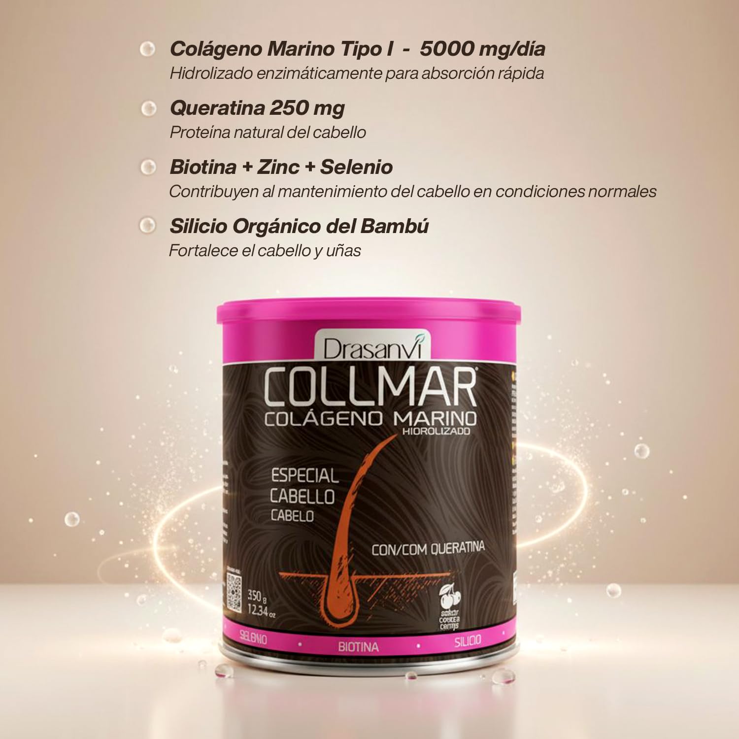 Drasanvi COLLMAR Colágeno Marino Hidrolizado + Biotina, Queratina, Selenio, Zinc y Extracto de Bambú | Cabellos Débiles y Finos| | Alta Dosis 5.000 mg/día | 350g de Polvo = 35 Días | Sabor Cereza