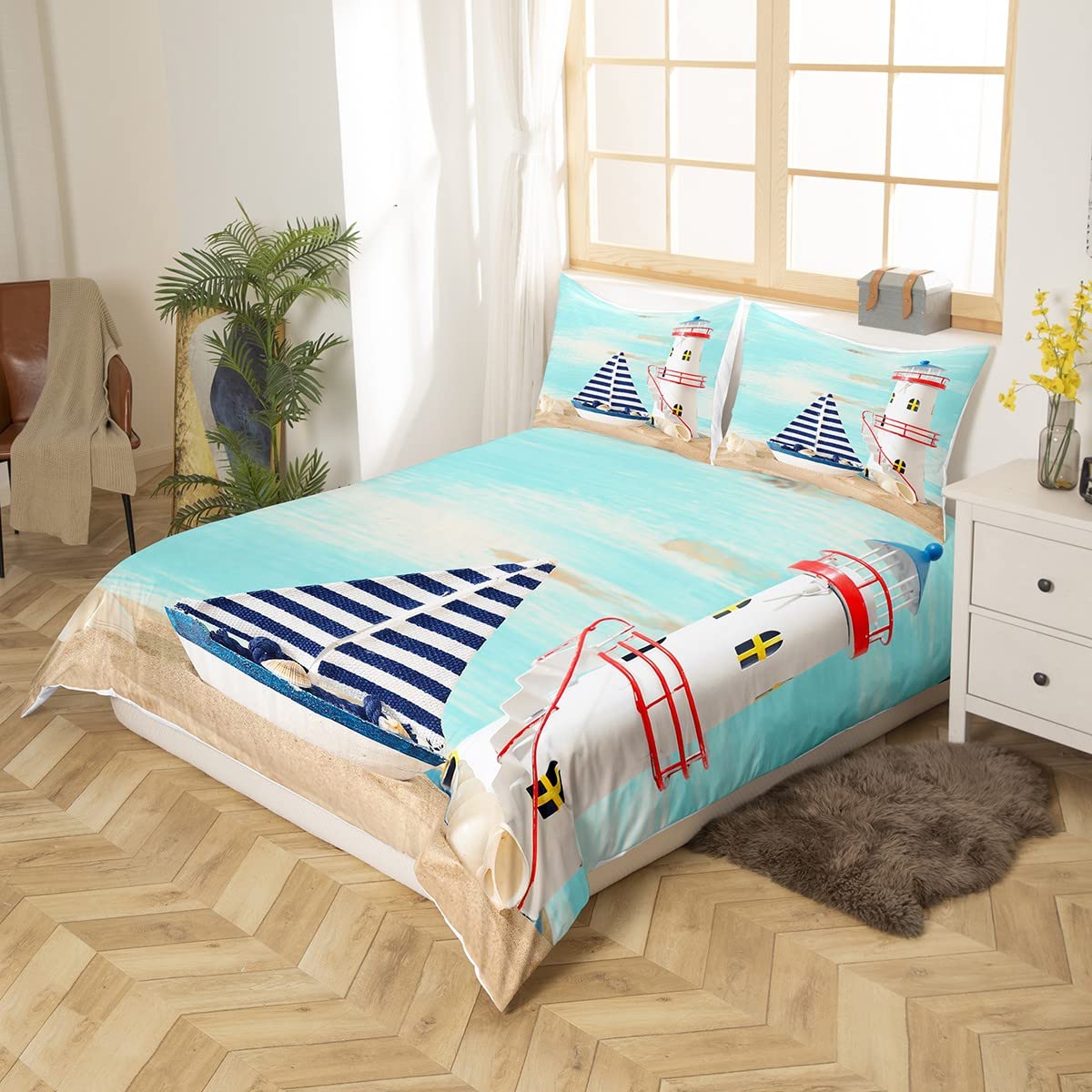 Funda de edredón náutica de mar, funda de edredón temática de playa, juego de ropa de cama de barco de vela a rayas azul marino, súper King, decoración de faro de caracola, funda de edredón de 3