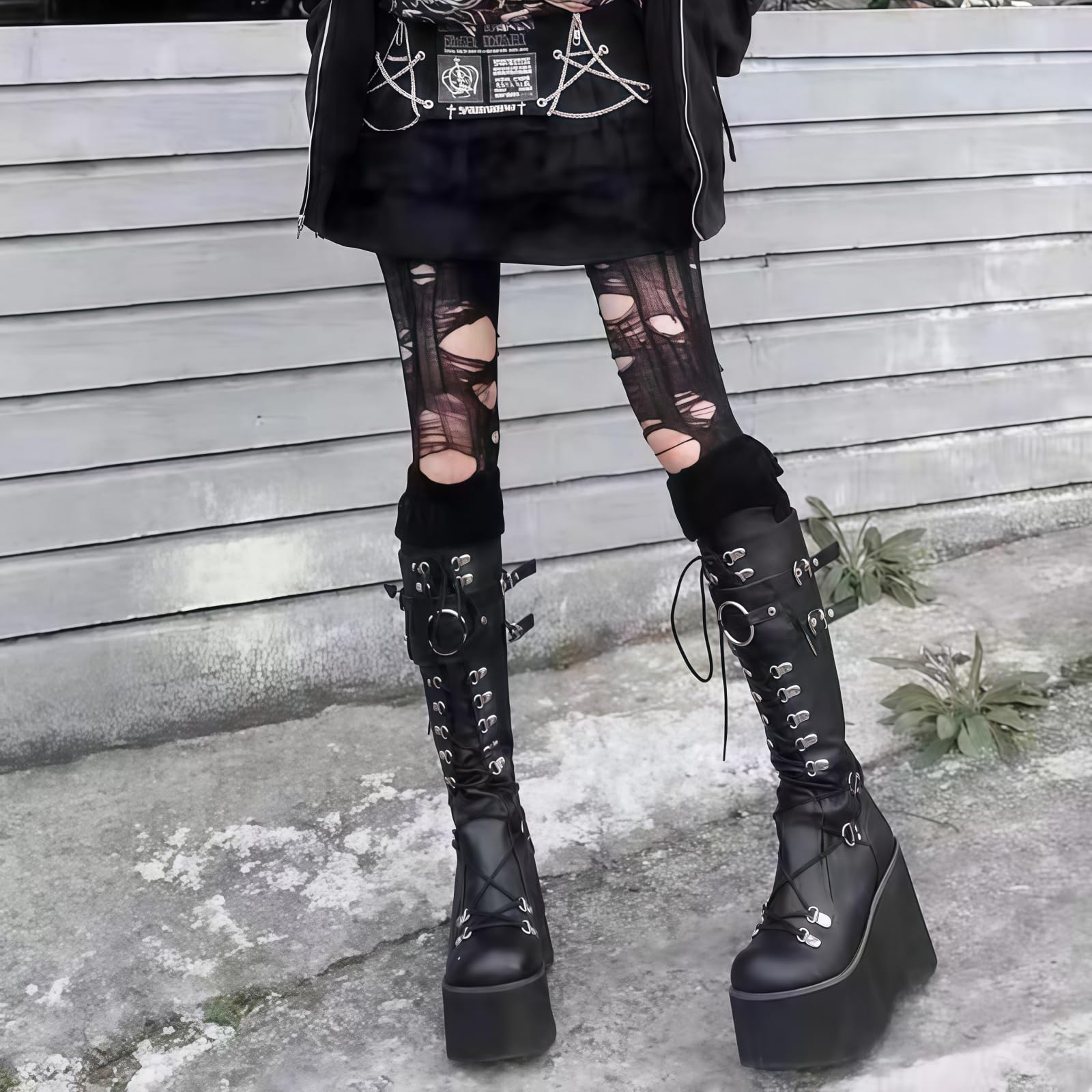 Bottes De Combat Femmes Talon Épais Gothique Punk Plateforme Rave Avec Décor Métallique Semelle Compensée Bout Rond Mi Mollet Ou Genou Chaussures Moto Pour Halloween Festivals Musique Cosplay