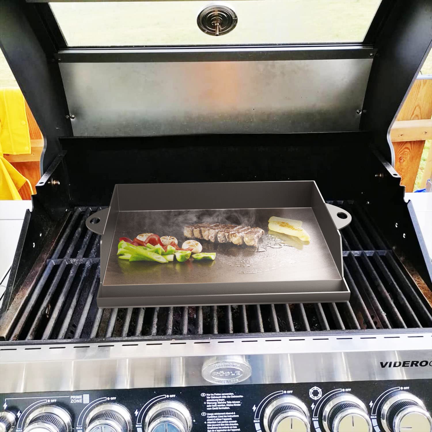 Universal Plancha Grillplatte Gusseisen mit Schaber und Spachtelf Zubehör set, Hochwertige Antihaftbeschichtung Grillpfanne für meisten gasgrills und holzkohlegrill, 45,3x36,5cm