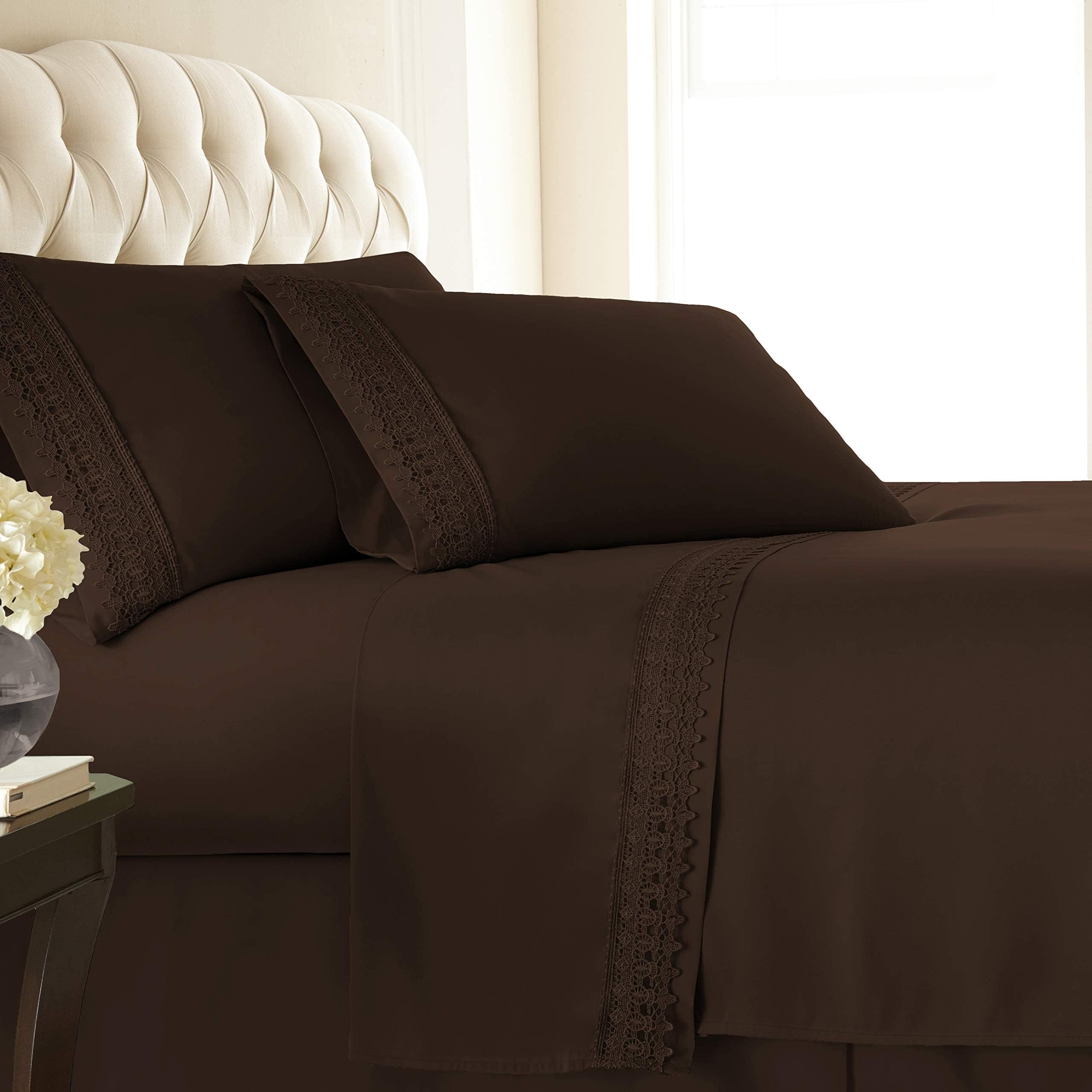 Vilano Lace, 4-Piece, 21-Inch Extra Deep Pocket Sheet Set, Premium Quality, Easy Care, Shrinkage Free Sheet Set with 1 Flat Sheet, 1 Fitted Sheet, 2 Pillowcases, Chocolate Brown, Queen