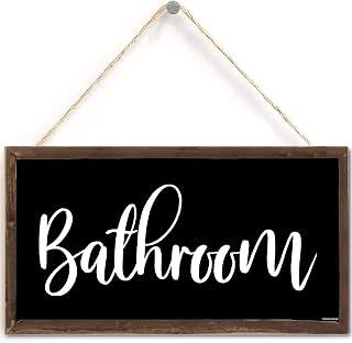 TOMATO FANQIE Bathroom Sign in Black 6 inch by 12 inch Hanging Wall Art,Cool Decorative Wood Sign Home or Office Bathroom Door Decor (US-G091)