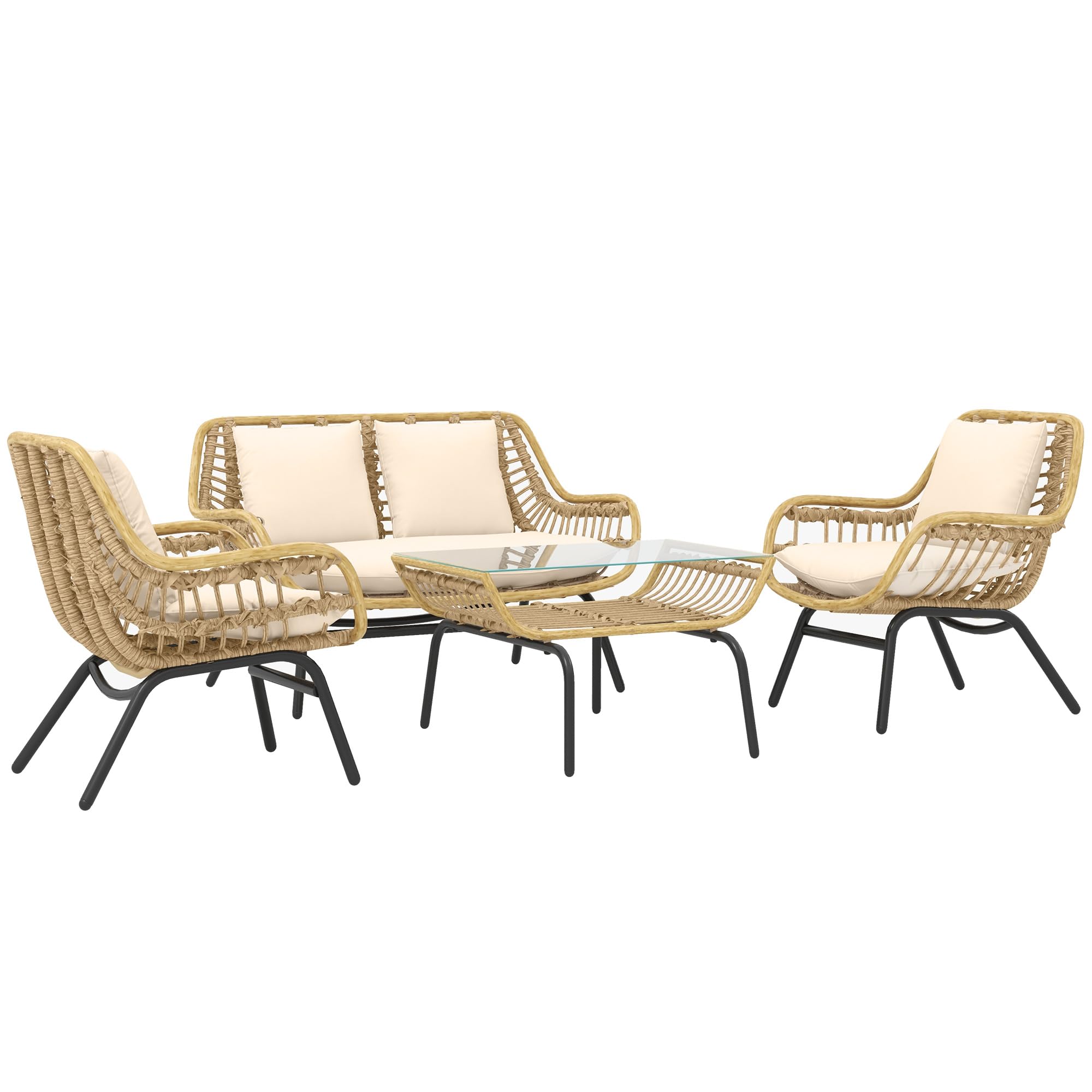 Outsunny Salon de Jardin 4 pers. 4 pièces Style Exotique métal époxy résine Imitation Coussins Grand Confort Inclus Polyester Beige