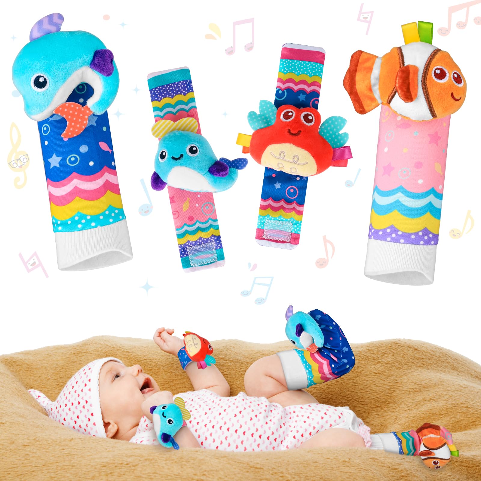 Baby Toys 0-6 MonthsBaby Wrist and Ankle Rattles Foot Finder Babies Sensory Toys Baby Essentials for Newborn Rattle Socks Gift 0 3 6 9 12 Months Boys Grils