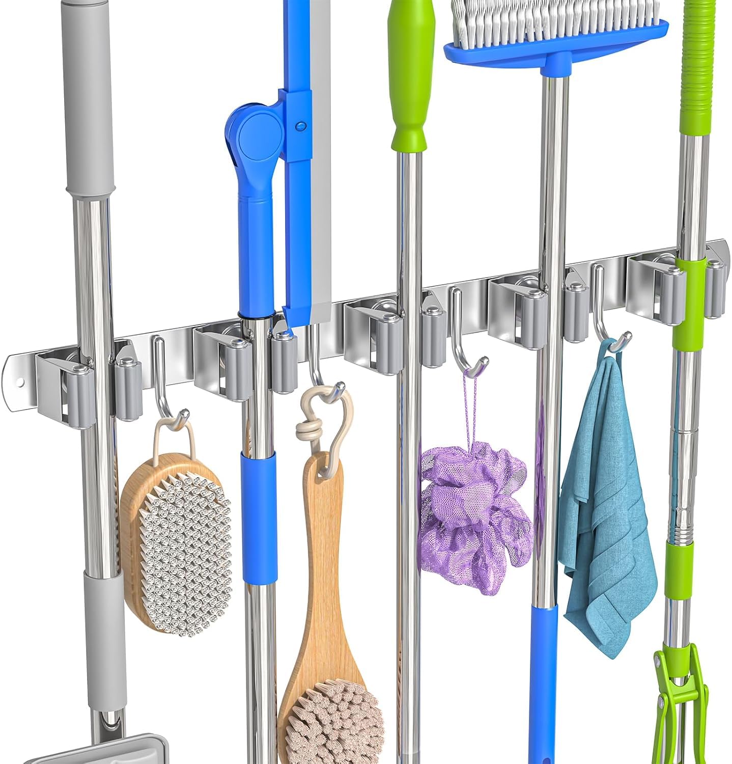 Stainless Steel Mop & Broom Holder - 3 Slots & 4 Hooks -8