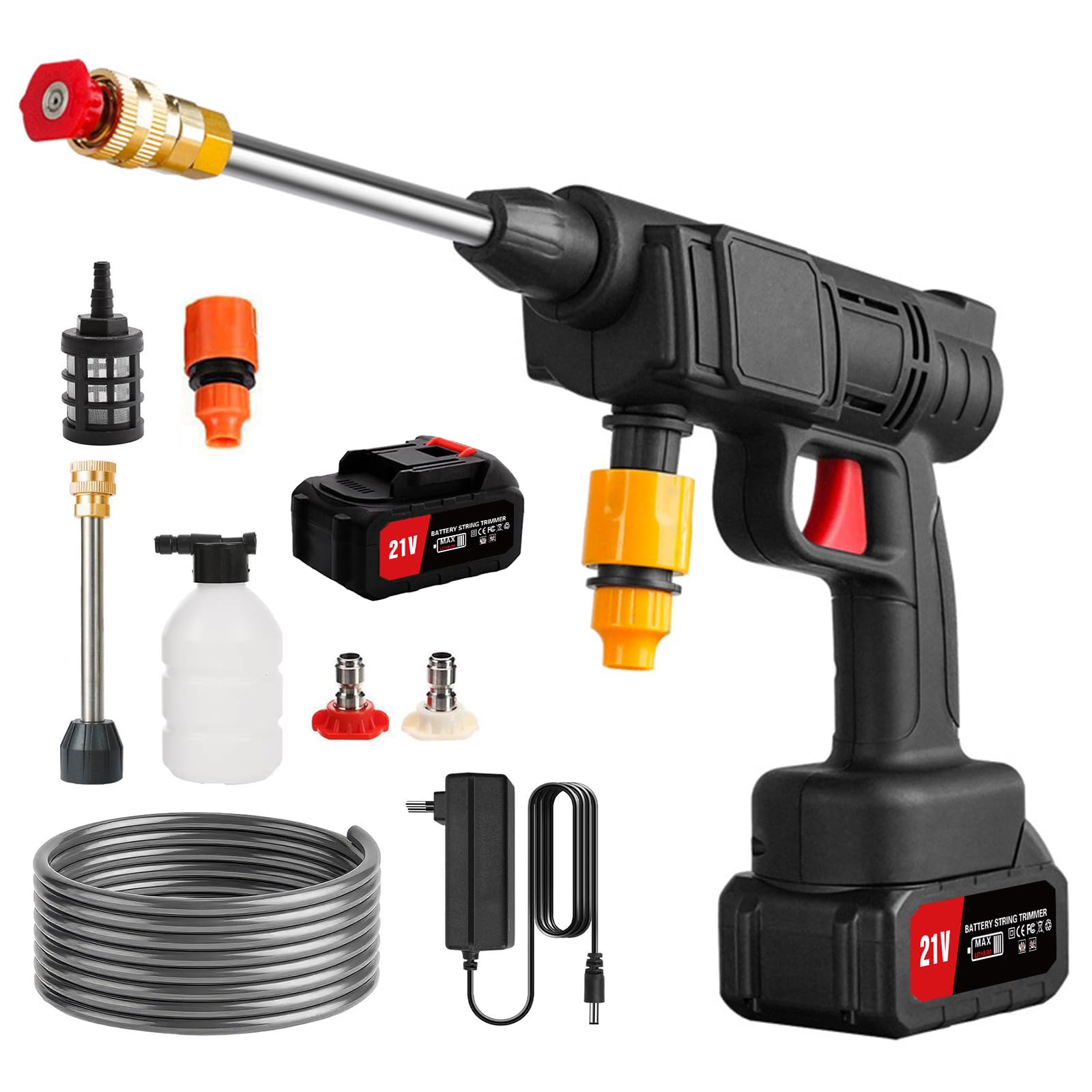 1000W Hidrolimpiadora de Alta Presión, Hidrolimpiadora Portatil MAX 90 Bar con 1 Baterías, 6 en 1 Boquilla Multiusos y 180° Boquilla Giratoria, Lavadora Inalámbrica para Coche, Jardín, Riego (1000W)