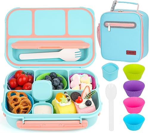 Miniatura 9 de MaMix Lonchera Bento para niños, recipientes para almuerzo para niños y adultos con 4 compartimentos + bolsa de almuerzo, con utensilios, tarro de