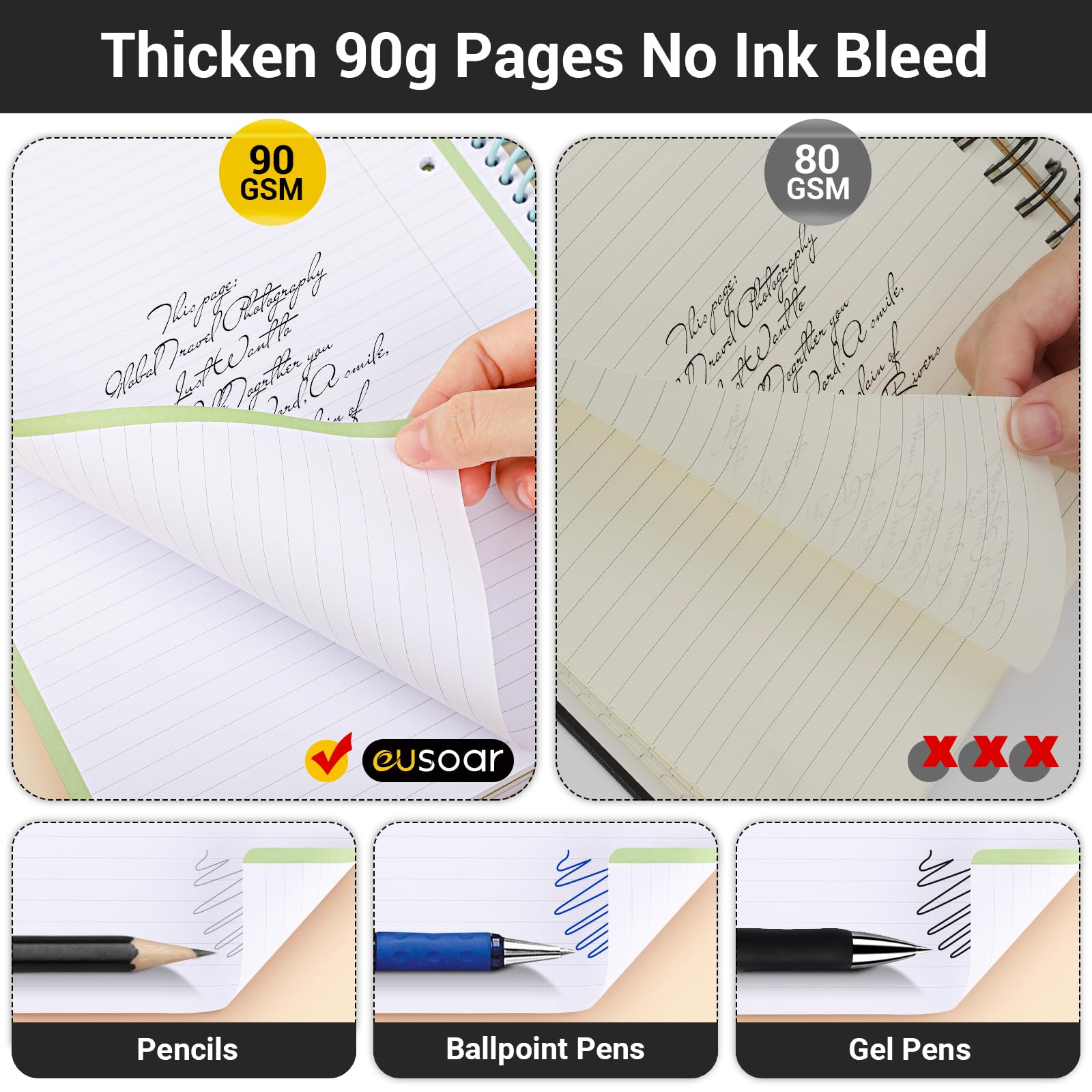 Quaderno a righe per 3 soggetti, formato A4, 23,5 x 29,7 cm, grande, a righe, con copertina rigida in polipropilene, per donne, 240 pagine, carta spessa 90 g/m², con tasca, per lavoro, ufficio, scuola