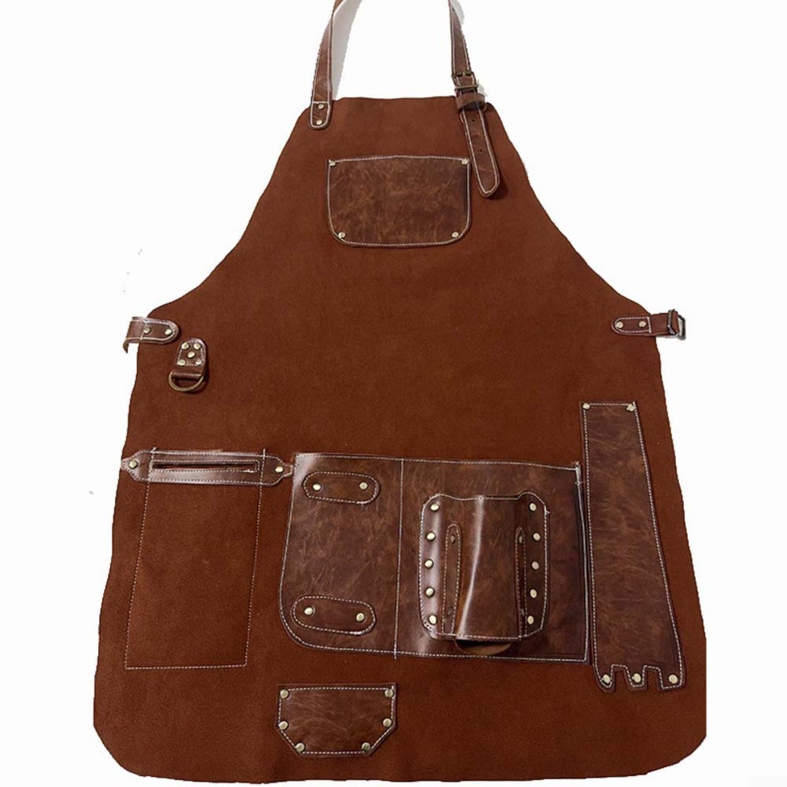 Tablier de soudeur double face en cuir de vachette, ignifuge et résistant à la chaleur, avec poches à rivets pour le travail du bois et du métal