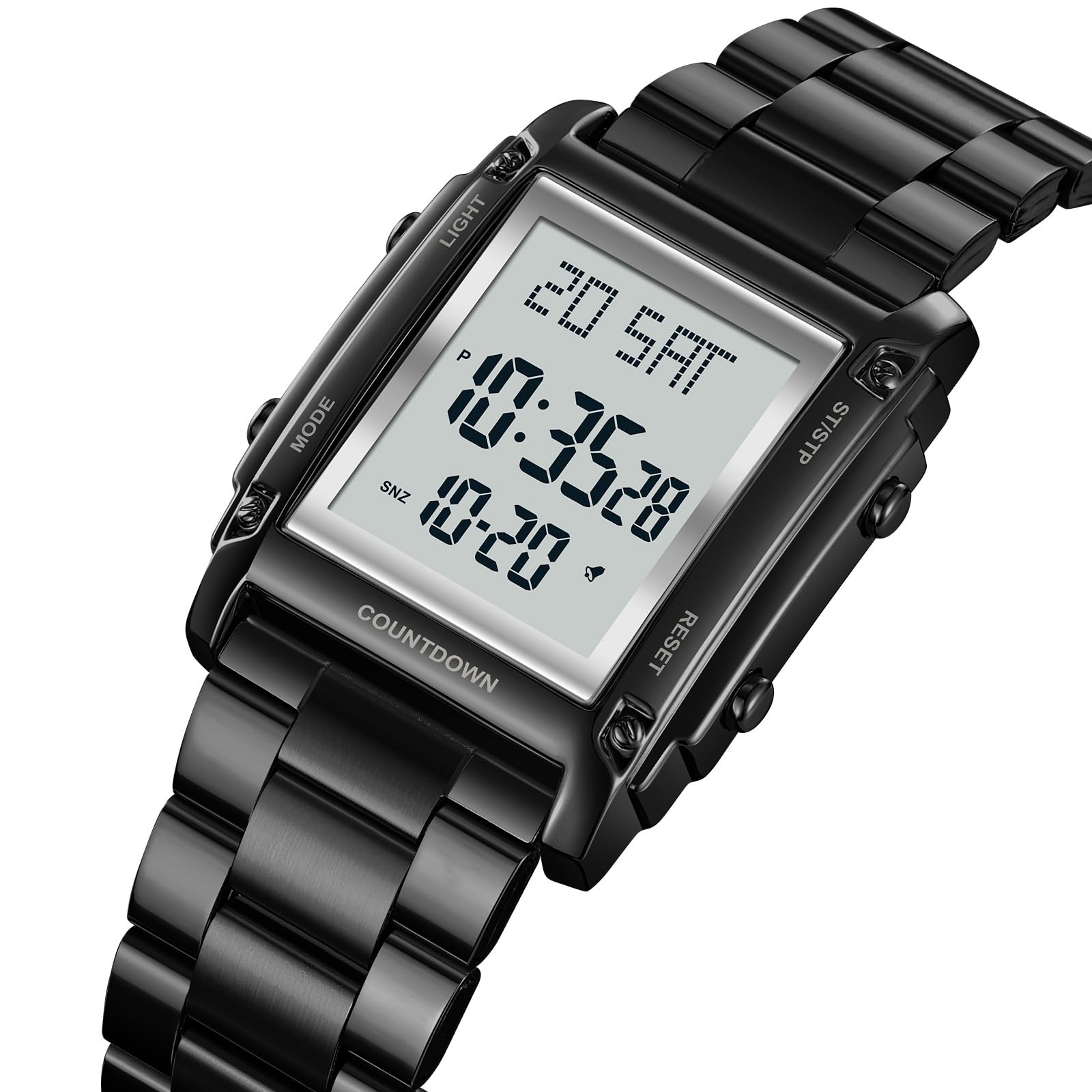 findtime Orologio da polso digitale da uomo, al quarzo, numeri grandi, lussuoso, cinturino in metallo, LED, doppio orario, data 12/24h, cronometro Coutdown, uomini anziani