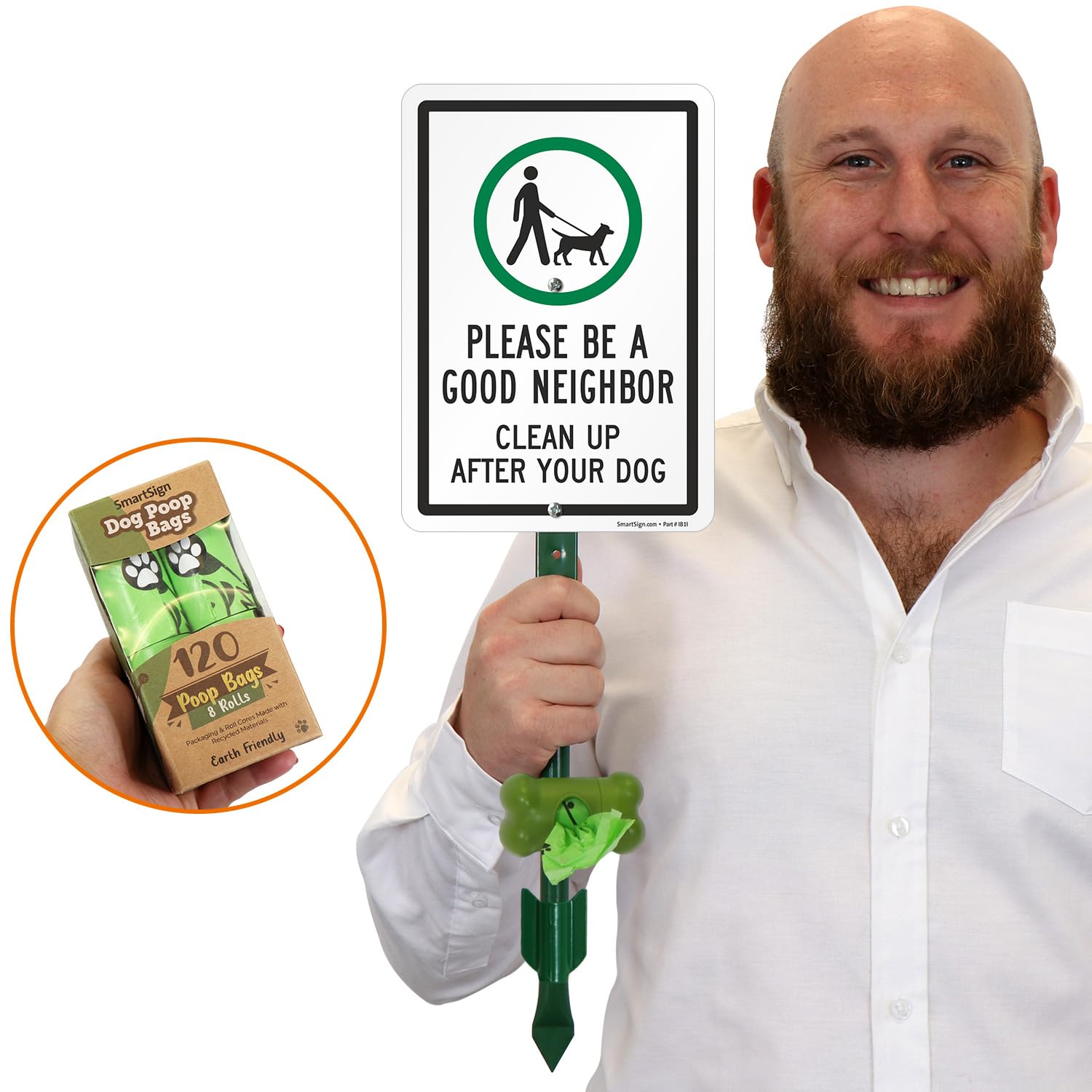 SmartSign Be A Good Neighbor Clean Up After Your Dog Yard Sign & Clip-On Preloaded Dispenser Combo/Kit with 135 Dog Poop Waste Bags, 7