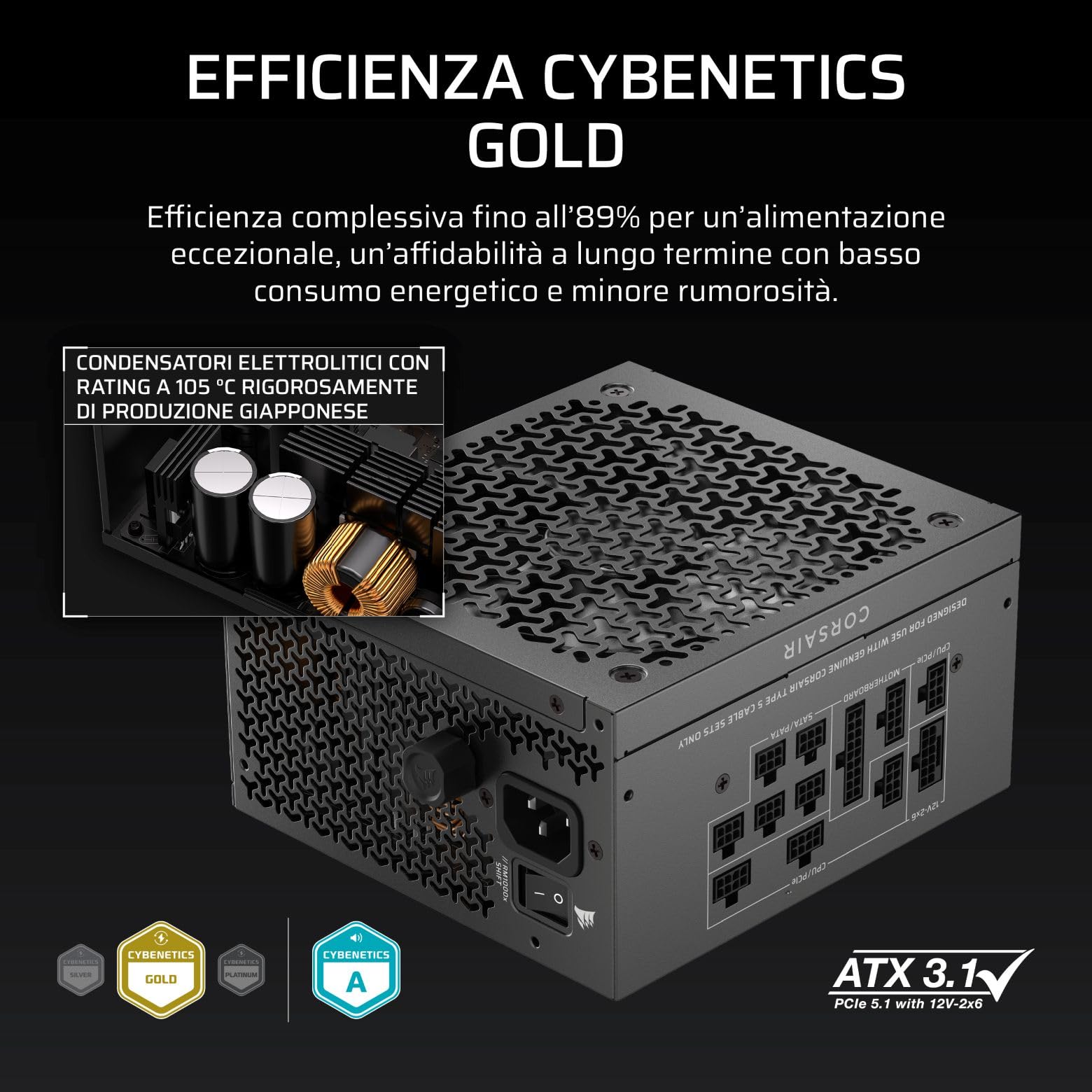 CORSAIR RM1000x SHIFT (2025) Alimentatore ATX Completamente Modulare - Interfaccia Laterale Modulare, Cavo Nativo 12V-2x6, ATX 3.1 e PCIe 5.1, Condensatori a 105°C, Cybenetics Gold - Nero
