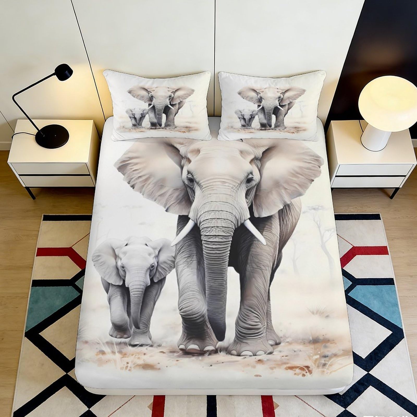 3D Printed Elephant Fitted Sheet Microfiber Soft Breathable Wildlife Bed Cover for Bedroom Dormitory Guest Room Mattress Protection Decor 120x200x25cm