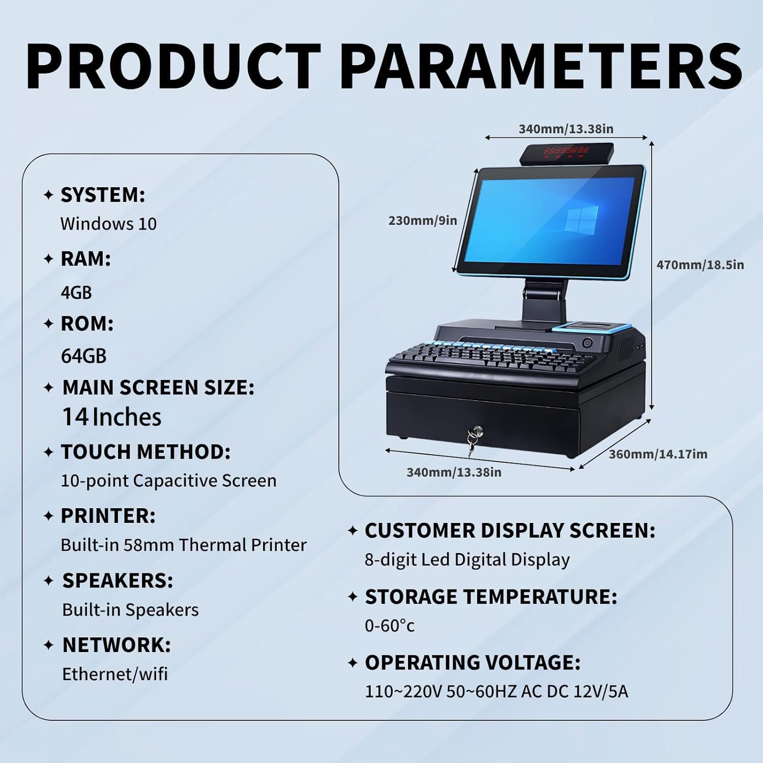 Terminal TPV Todo en Uno de 14", Caja Registradora Pos con Pantalla Táctil, 4GB de RAM, SSD de 64GB, Pantalla Digital LED Orientada al Cliente, Cajón Portamonedas e Impresora Térmica de 58mm White