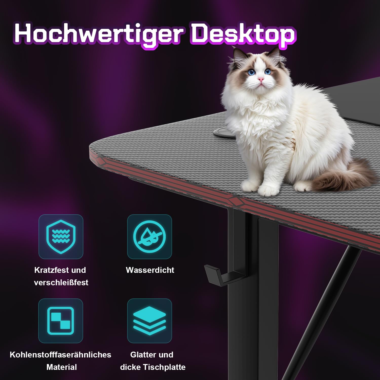 JUMMICO Mesa Gaming 180 × 60 cm, Escritorio Gaming de Fibra de Carbono Ergonómicas