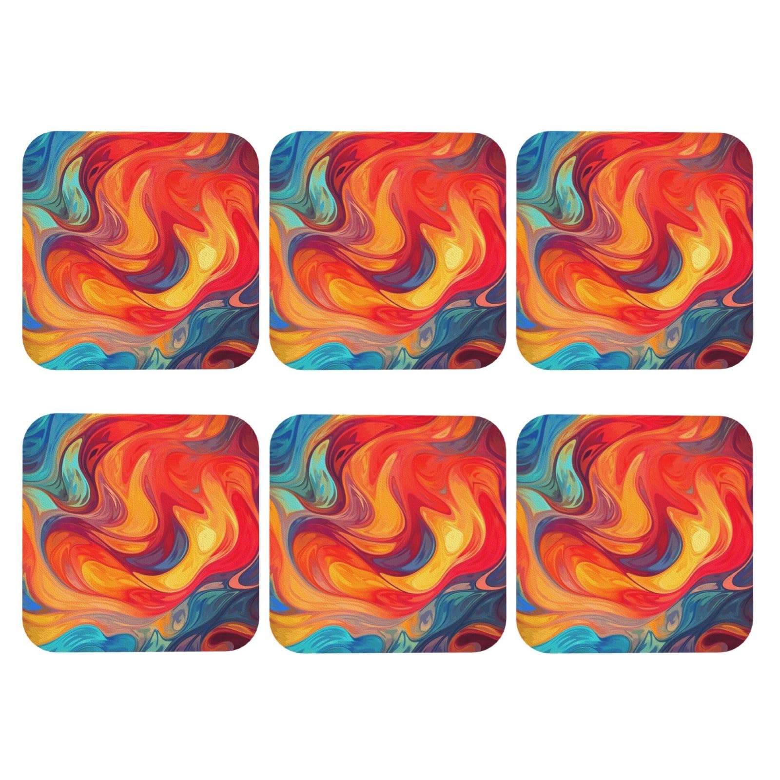 6Pcs PU Leather Coaster for Drinks, Artistic Effect Colorful Cup Coastersr 4" Cup Mat Pad, Aesthetic Drink Coasters for Coffee Table, Square Coaster for Tabletop Protection