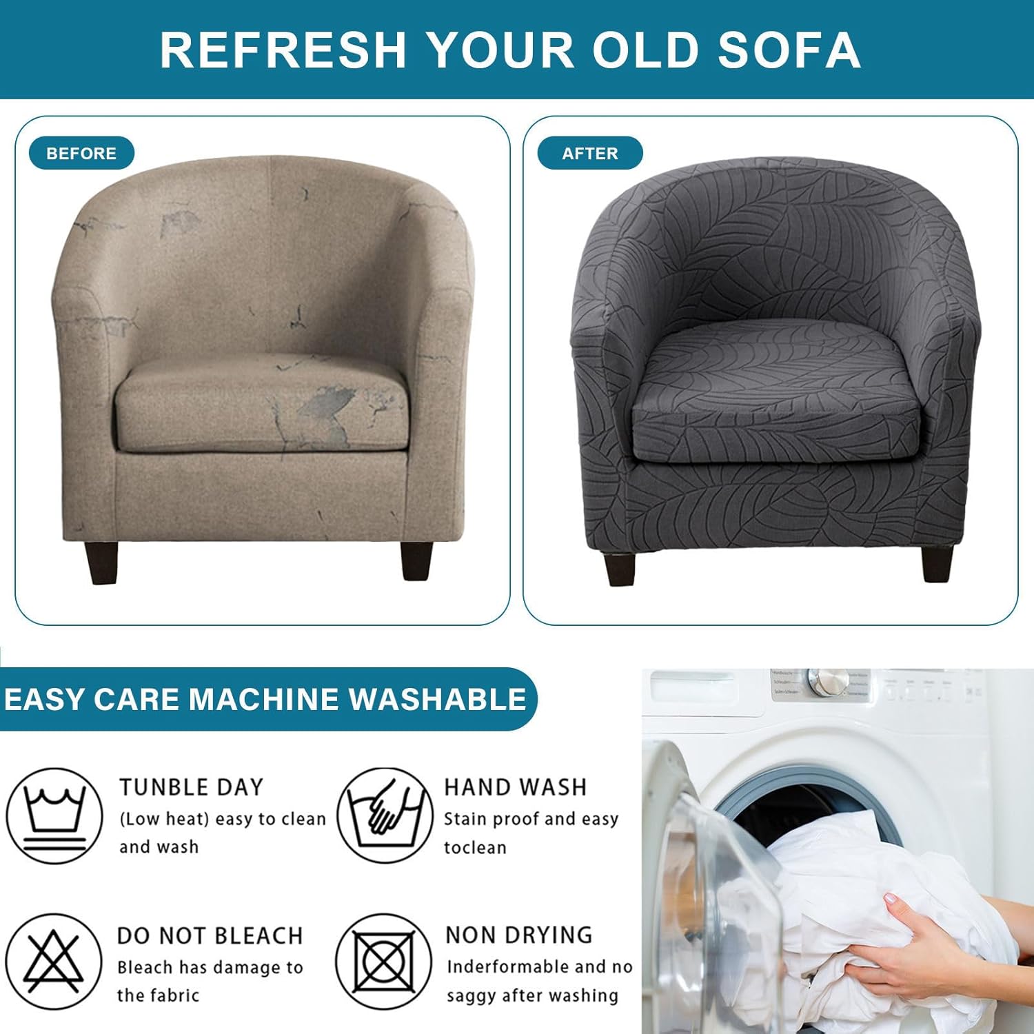 Club Chair Slipcover, Barrel Chair Covers with Cushion Cover Stretch Tub Chair Slipcover Spandex Non Slip Armchair Cover Removable Furniture Protector-Dark Grey-2 Piece