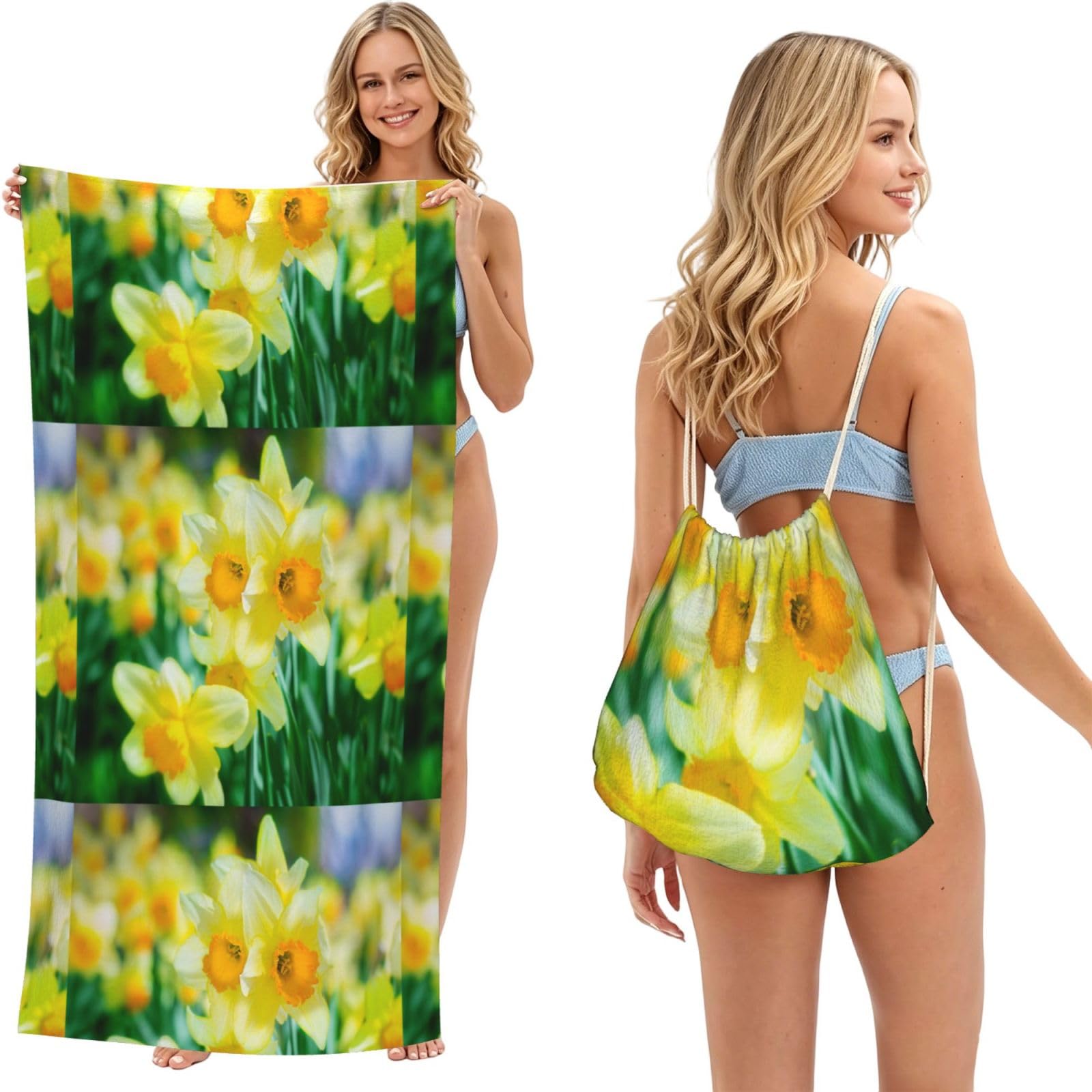 Poadnly As Picture Daffodil Flower Printed, 2 In 1 Packable Towel Bag, Beach Towels With Drawstring Backpack For Travel Holiday Camping