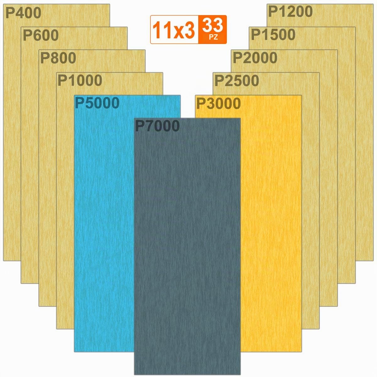 Carta Abrasiva 33Pezzi Carta Vetrata Secco e Umido in Grane 7000 5000 3000 2500 2000 1500 1200 1000 800 600 400 Sandpaper per levigatura e tornitura del legno