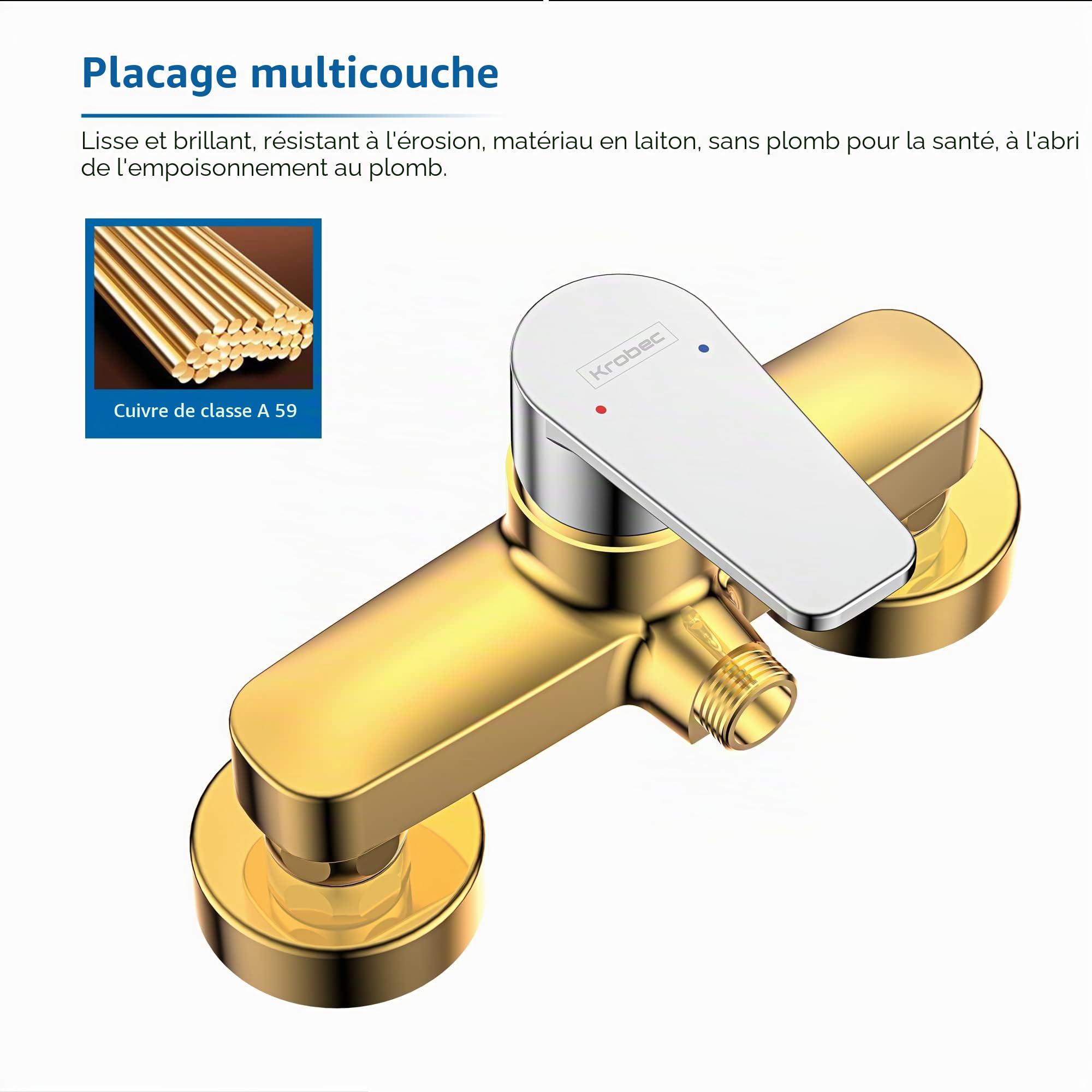 Krobec robinet de douche, mitigeur de douche à levier unique, robinet mitigeur de douche mural, raccord de tuyau fileté G1/2, laiton, chromé. (Moderne)
