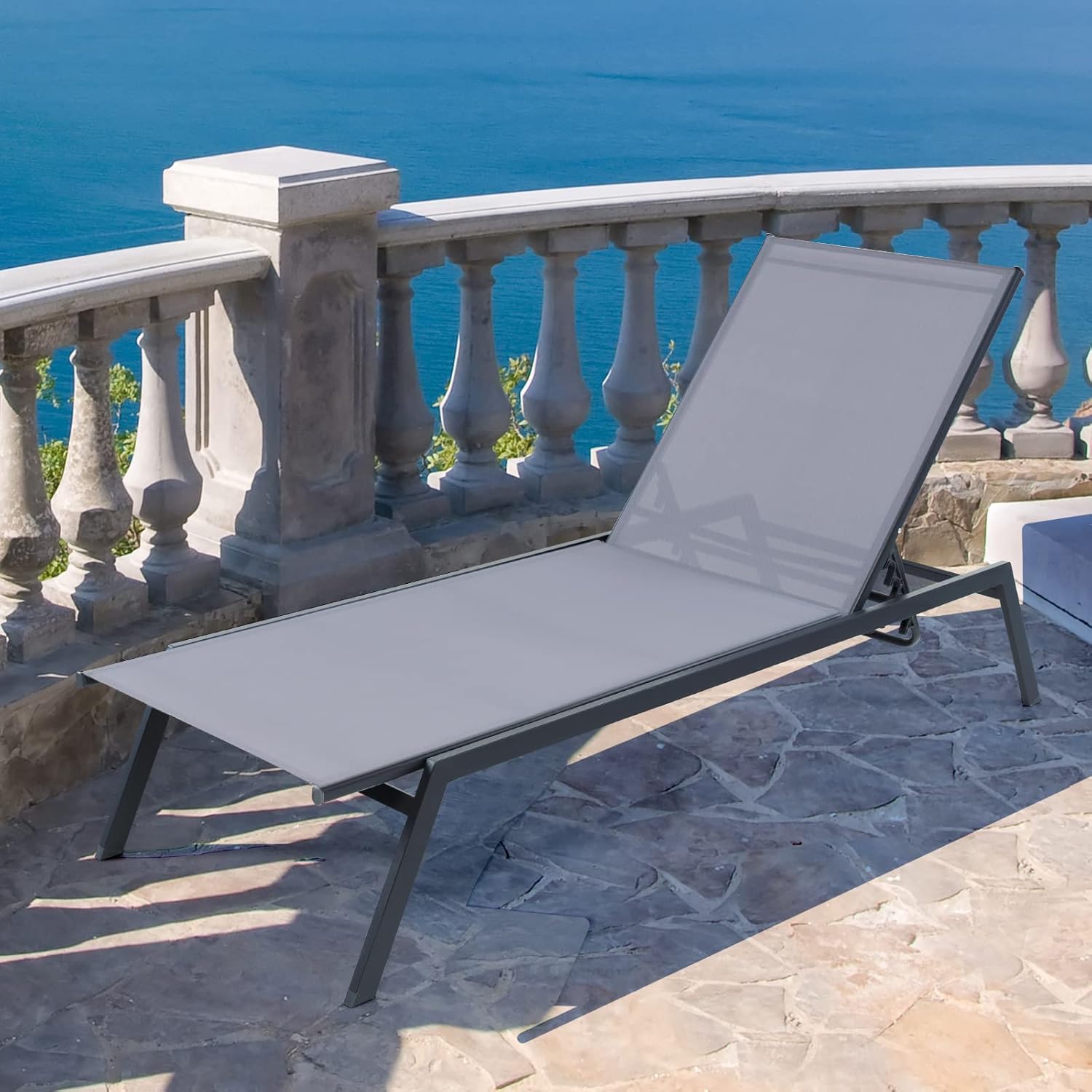 Giantex Patio Chaise Lounge Chair - Sunbathing Chair with Lay Flat Position, 6 Adjustable Positions, Outdoor Reclining Chair with Quick-Drying Fabric for Patio Poolside Backyard (1, Gray)