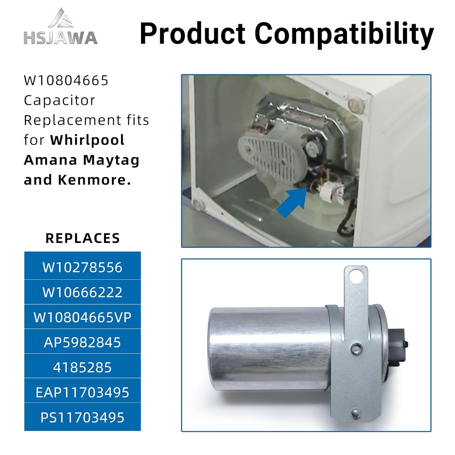 W10804665 Washer Capacitor 45uF 250VAC 50/60Hz 10000AFC Fits for Whirlpool Replace W10278556 W10666222 W10804665VP