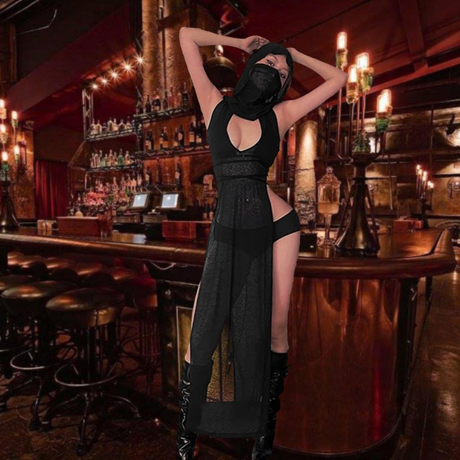 LINNSUJH Gothic Rave Outfits Dresses for Women Festival Long Dresses Sexy Goth Clothes Rave Wear: Black Large