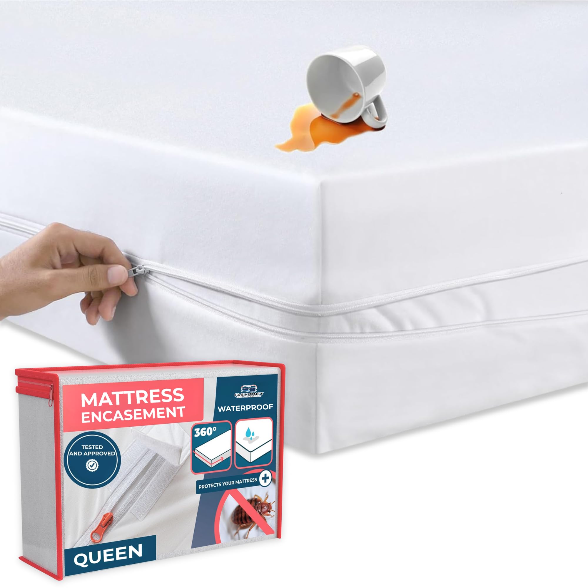 Premium Mattress Encasing Queen Size with Deep Pockets | 100% Waterproof Cotton Mattress Protector with Zipper Dust & Bed Bug Proof Mattress Cover with Six Sides (Queen - 150 x 200cm)