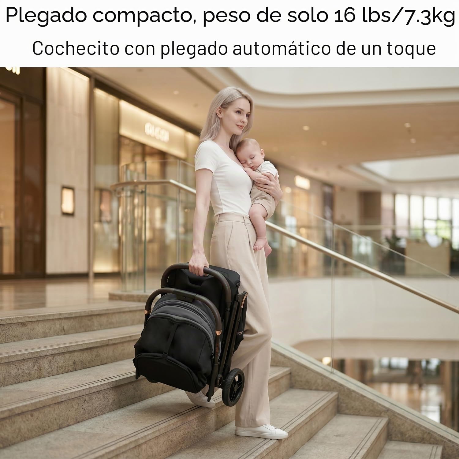 Gromast Cochecito de bebé plegable Gravity, cochecito de viaje portátil con respaldo ajustable y toldo, ligero y protegido contra los rayos UV, plegable automáticamente con una mano, Gris