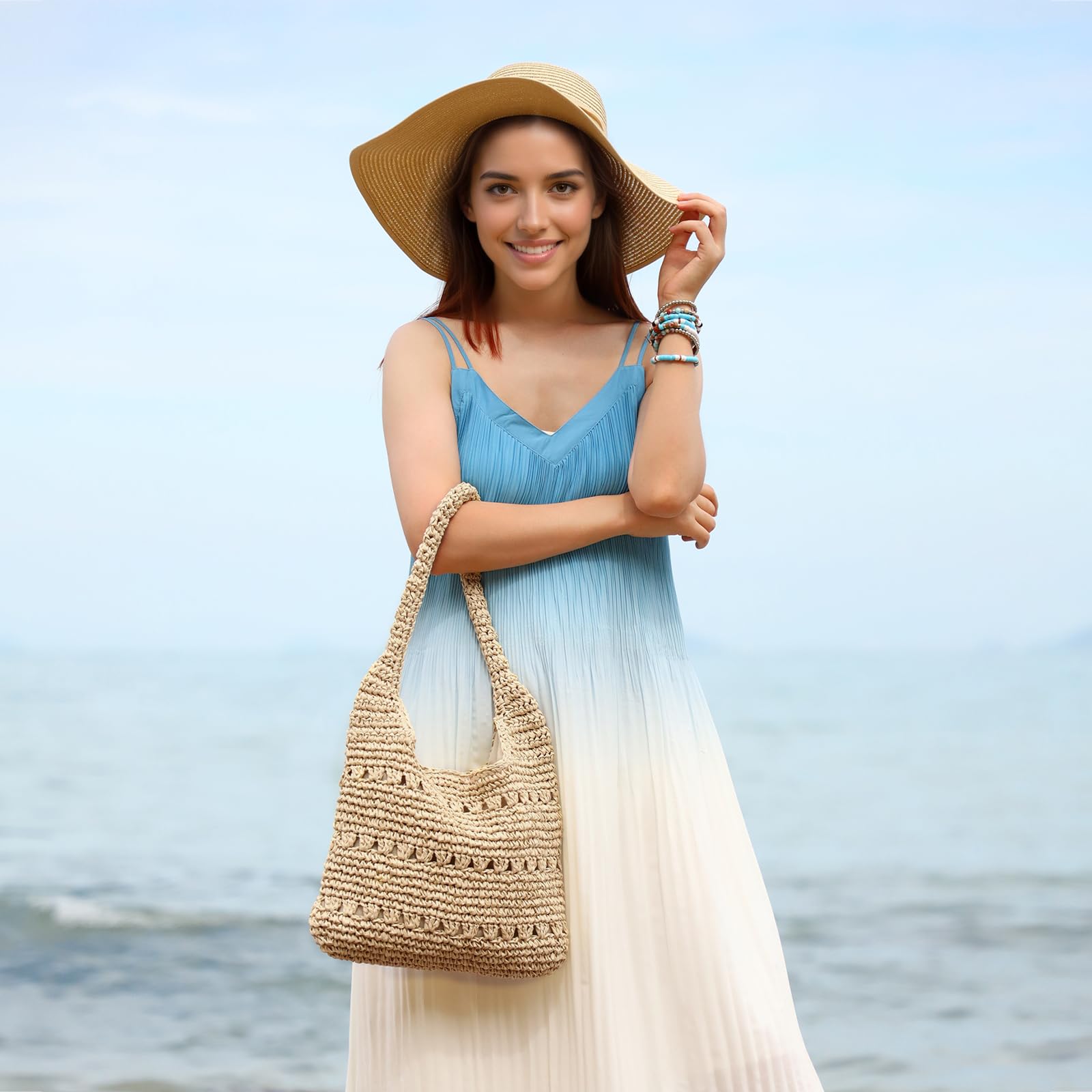 Mujeres verano paja bolsos tejidos playa viaje bolso de hombro vacaciones bolso de mano
