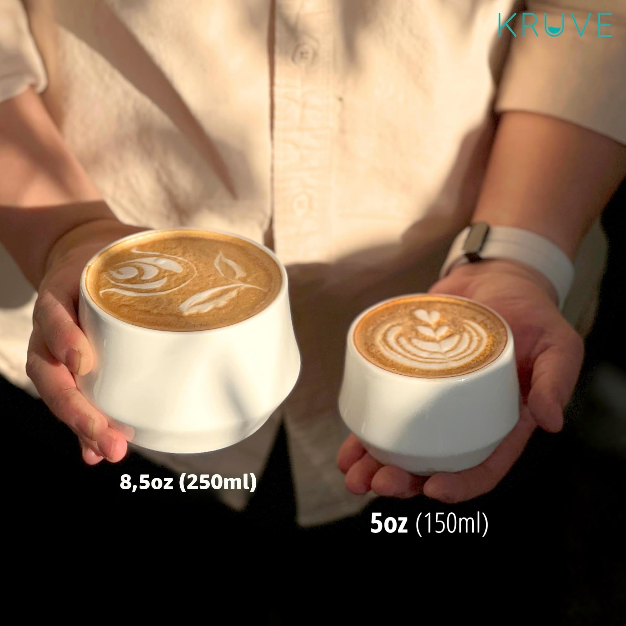KRUVE IMAGINE Latte-Kaffeetassen aus Porzellan, doppelwandige Espressotassen, Glastassen im 2er-Set – 256 ml Thermo-Kugeldesign für Latte Art, isolierte Kaffeebecher zur Wärmespeicherung (weiß)