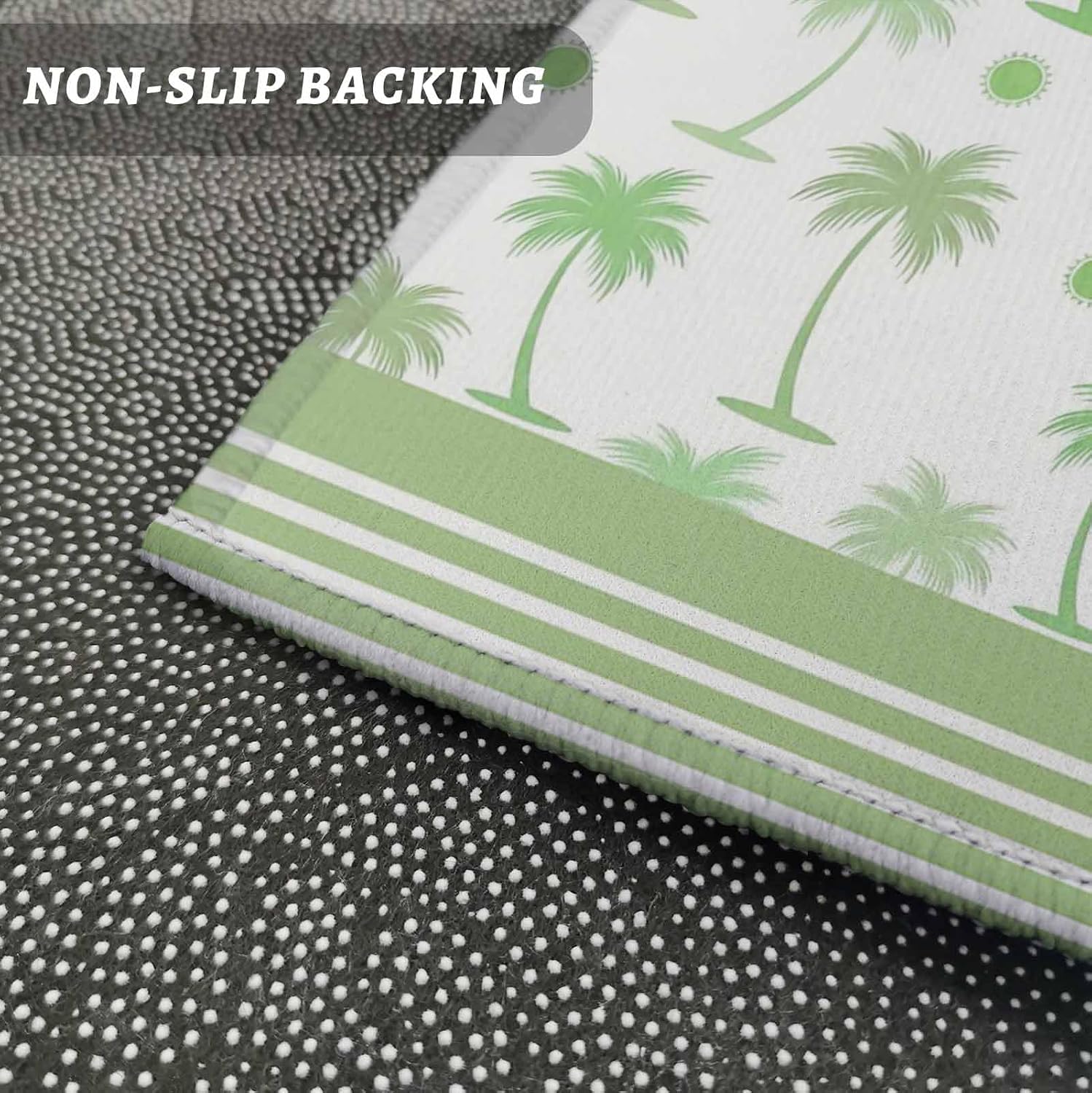 Teamery Kitchen Mats for Floor Summer Green Palm Trees Washable Non Slip Kitchen Rugs 1PCS, Beach Theme Lattice Stripes Absorbent Standing Mats for Sink Bathroom Office Living Room 23.6x70.9in