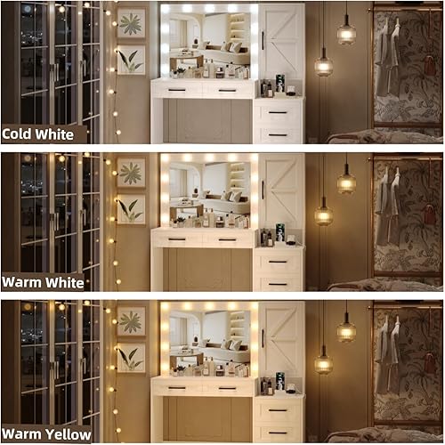 Miniatura 4 de Irontar Escritorio de maquillaje con estación de carga, escritorio de maquillaje de granja con espejo de luces y cajones, mesa de tocador con