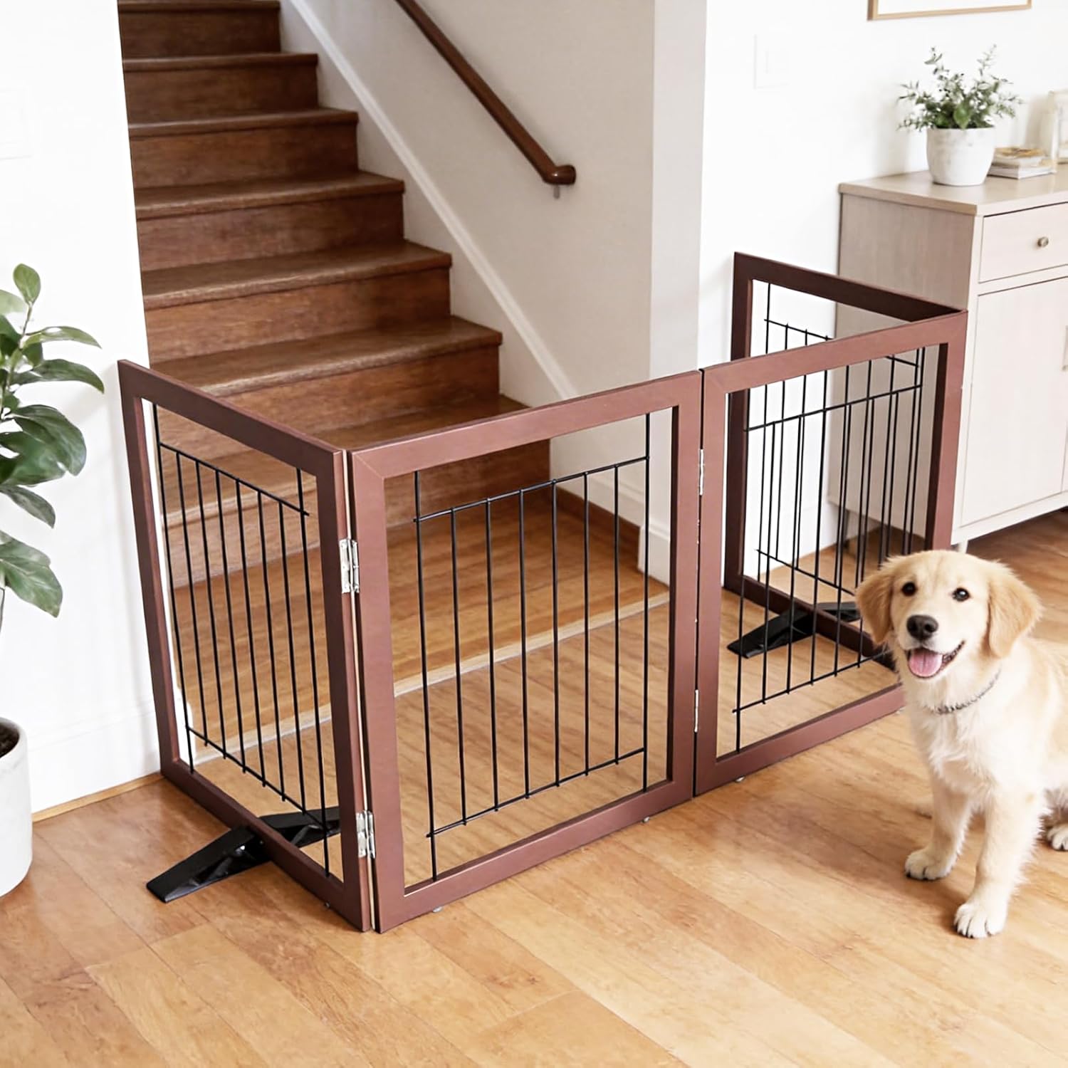 ZJSF Freestanding Dog Gate Indoor, Foldable Dog Fence for Doorways,Hallways or Stairs, Sturdy Wood Extra Wide Pet Gate with Support Feet,Brown,32 "Height-3 Panels
