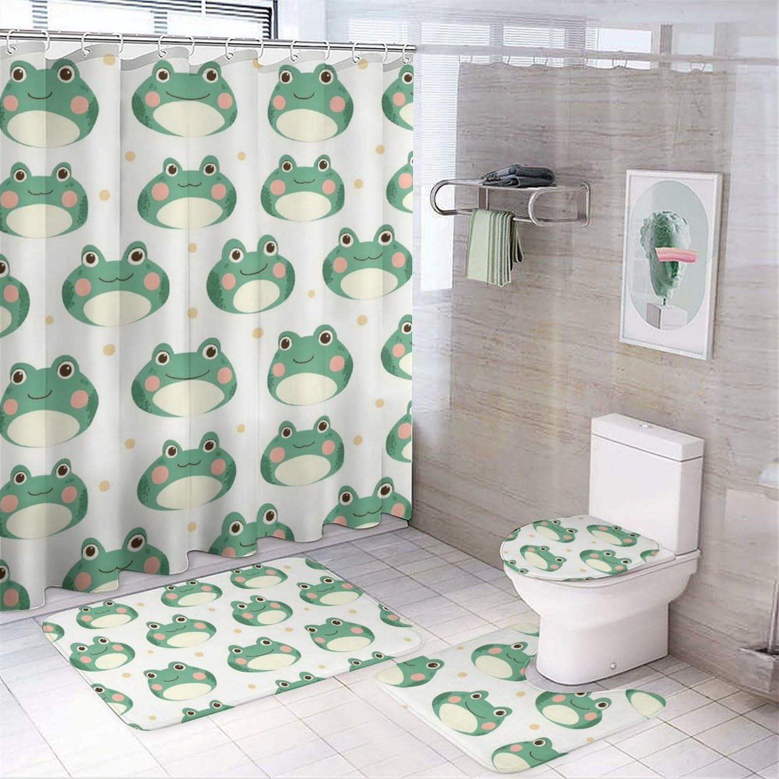 Juego de baño de 4 piezas con cortina impermeable de rana y ganchos
