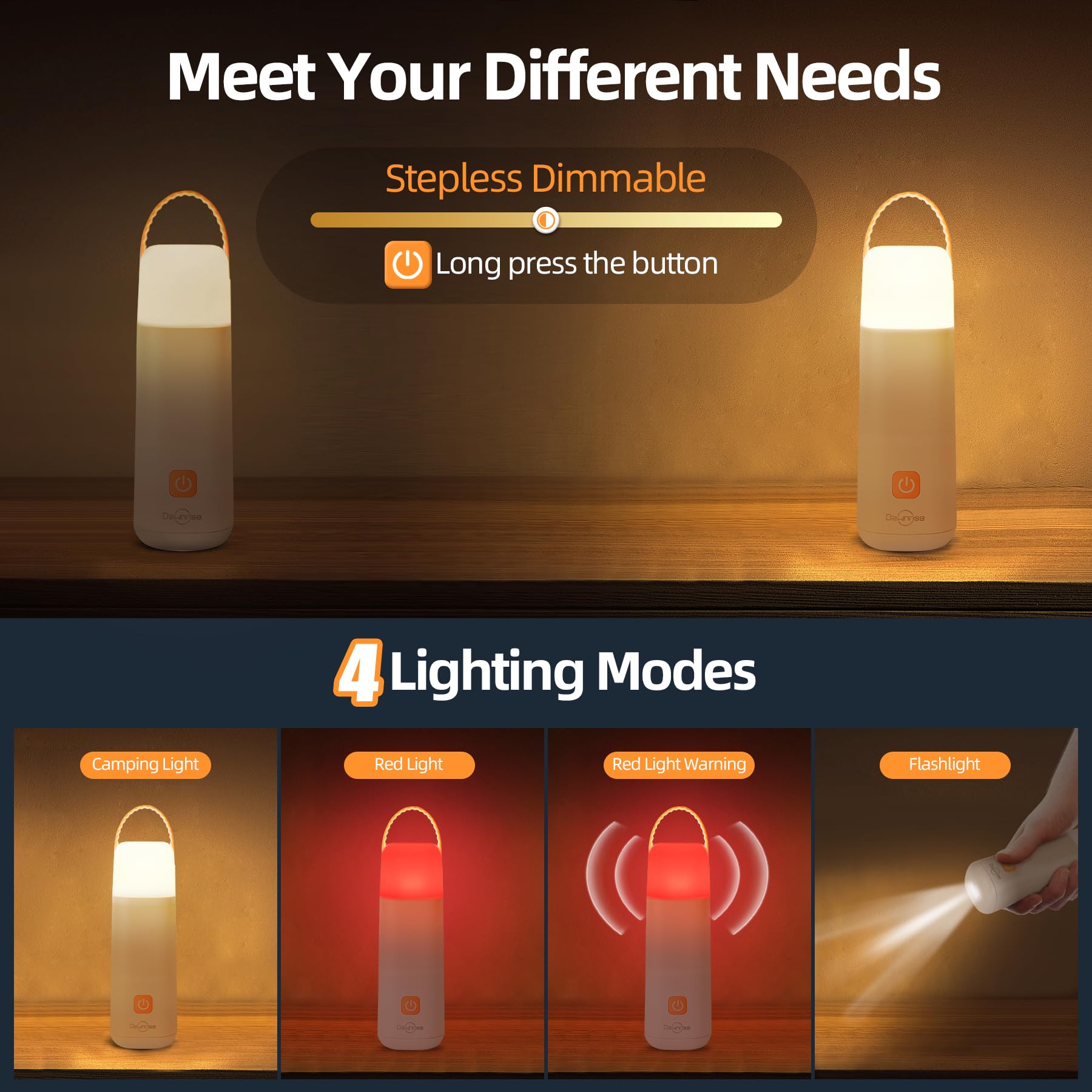 Dawnrise Lot de 2 lanternes de camping LED 350 lm, jusqu'à 350 heures de fonctionnement, 3200 mAh, 4 modes d'éclairage avec lumière rouge, lumière d'urgence portable pour panne de courant, camping,